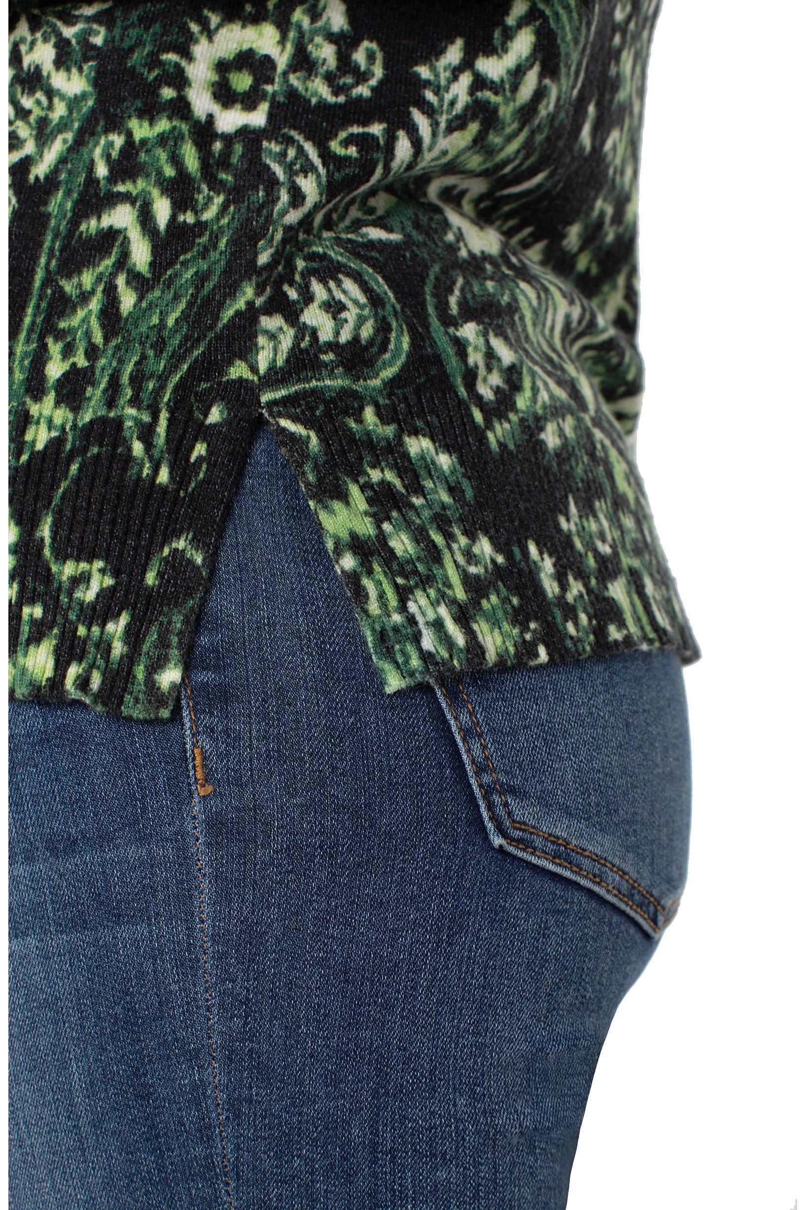 Liverpool Los Angeles Deep Green Paisley Raglan Sweater with Side Slit-Sweaters-Liverpool-Deja Nu Boutique, Women's Fashion Boutique in Lampasas, Texas