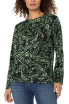 Liverpool Los Angeles Deep Green Paisley Raglan Sweater with Side Slit-Sweaters-Liverpool-Deja Nu Boutique, Women's Fashion Boutique in Lampasas, Texas
