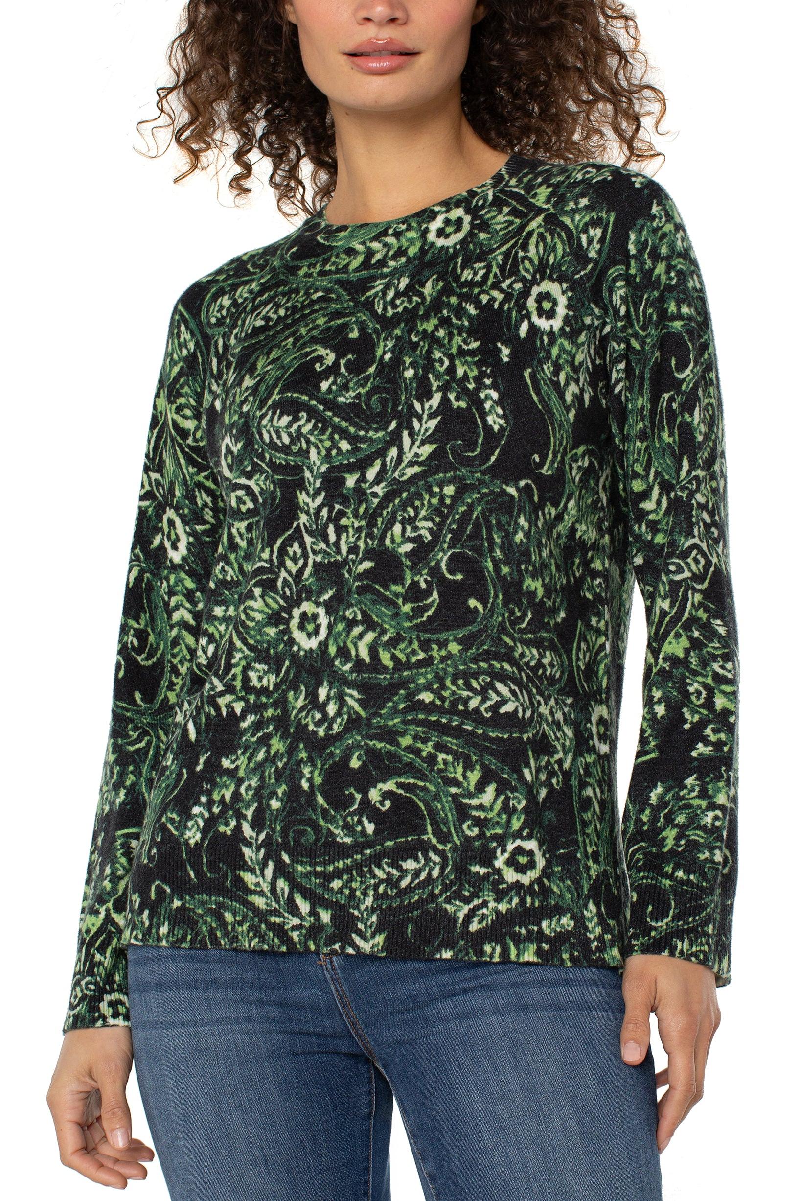 Liverpool Los Angeles Deep Green Paisley Raglan Sweater with Side Slit-Sweaters-Liverpool-Deja Nu Boutique, Women's Fashion Boutique in Lampasas, Texas