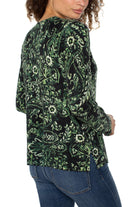 Liverpool Los Angeles Deep Green Paisley Raglan Sweater with Side Slit-Sweaters-Liverpool-Deja Nu Boutique, Women's Fashion Boutique in Lampasas, Texas