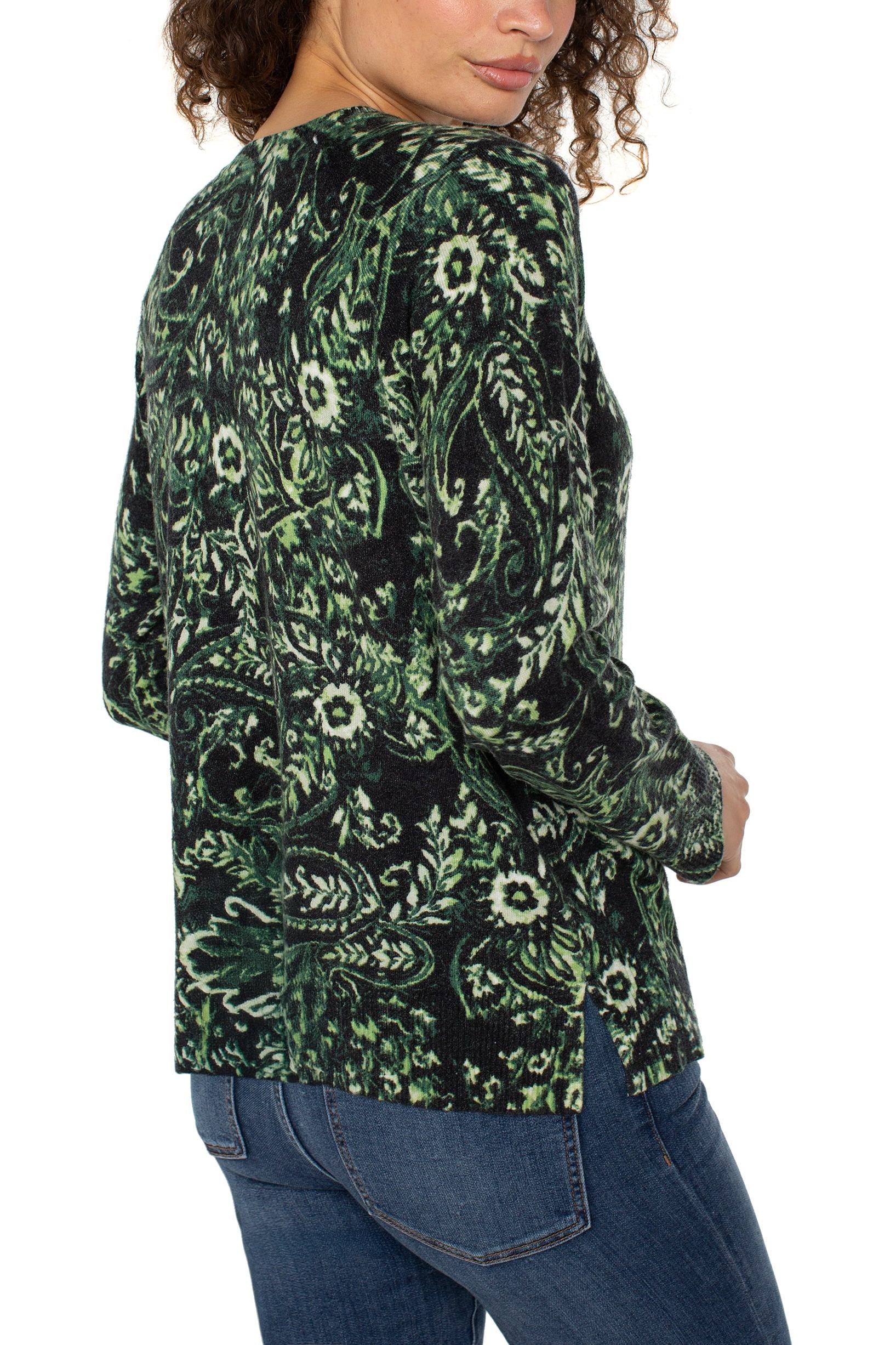 Liverpool Los Angeles Deep Green Paisley Raglan Sweater with Side Slit-Sweaters-Liverpool-Deja Nu Boutique, Women's Fashion Boutique in Lampasas, Texas