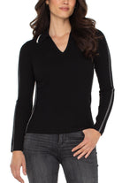 Liverpool Los Angeles Ribbed Polo Sweater in Black with Vintage White Stripe-Sweaters-Liverpool-Deja Nu Boutique, Women's Fashion Boutique in Lampasas, Texas