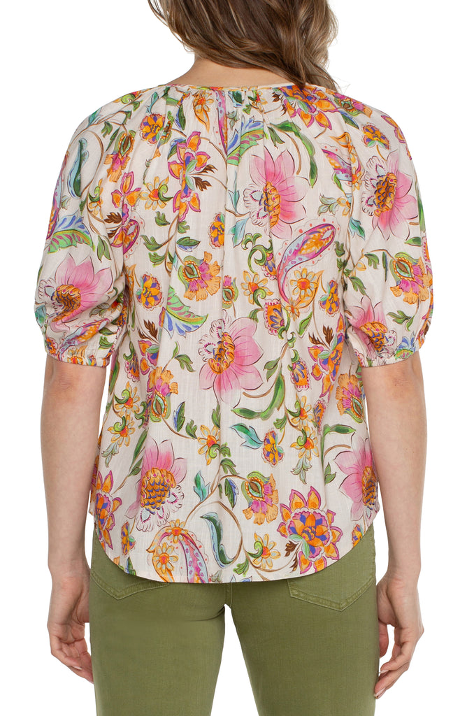 Liverpool Los Angeles Shirred Floral Short Sleeve Button-Up Shirt In Pink Multi Floral-Tops-Liverpool-Deja Nu Boutique, Women's Fashion Boutique in Lampasas, Texas