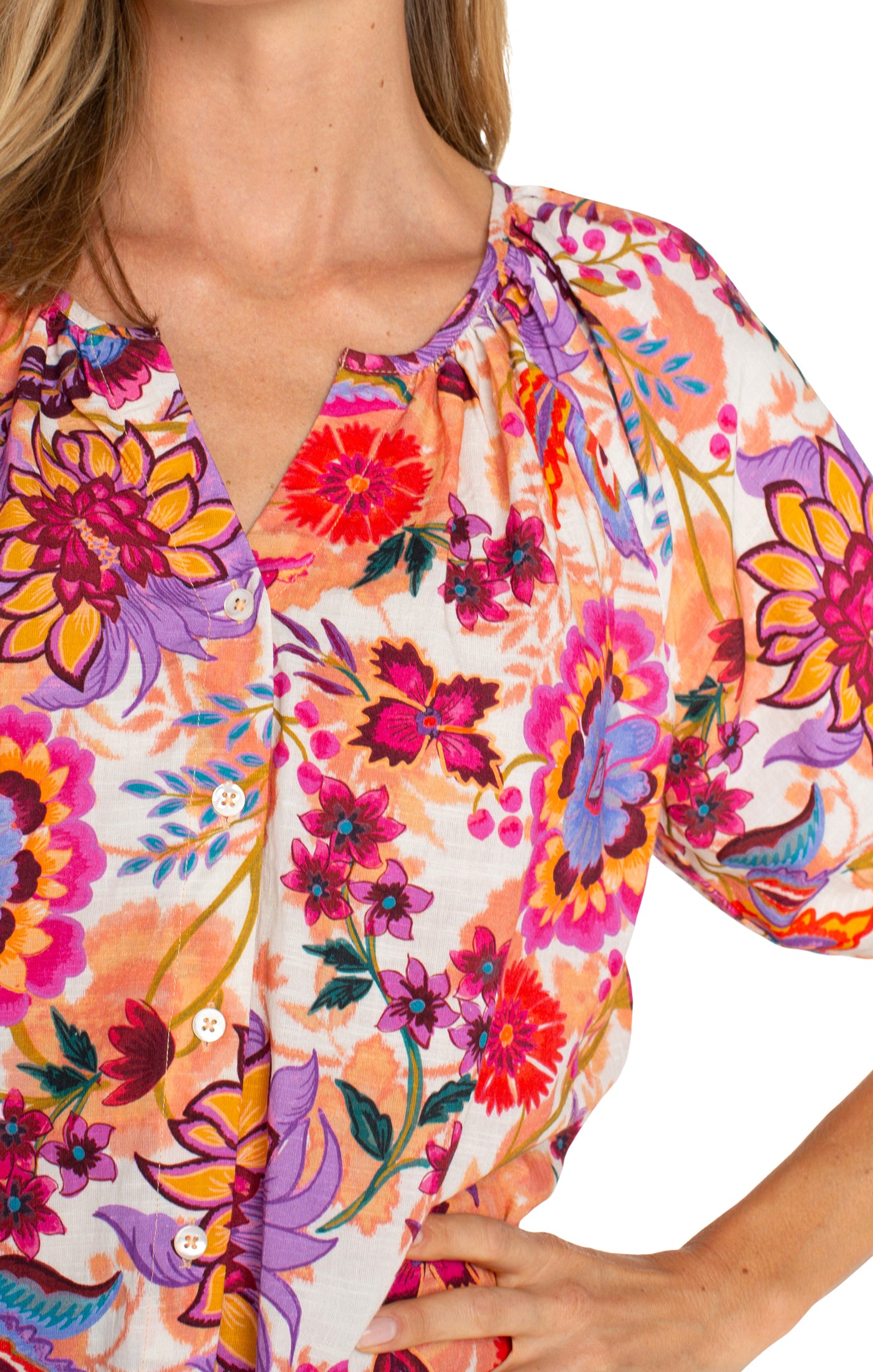 Liverpool Los Angeles Shirred Floral Short Sleeve Button-Up Shirt-shirts-Liverpool-Deja Nu Boutique, Women's Fashion Boutique in Lampasas, Texas