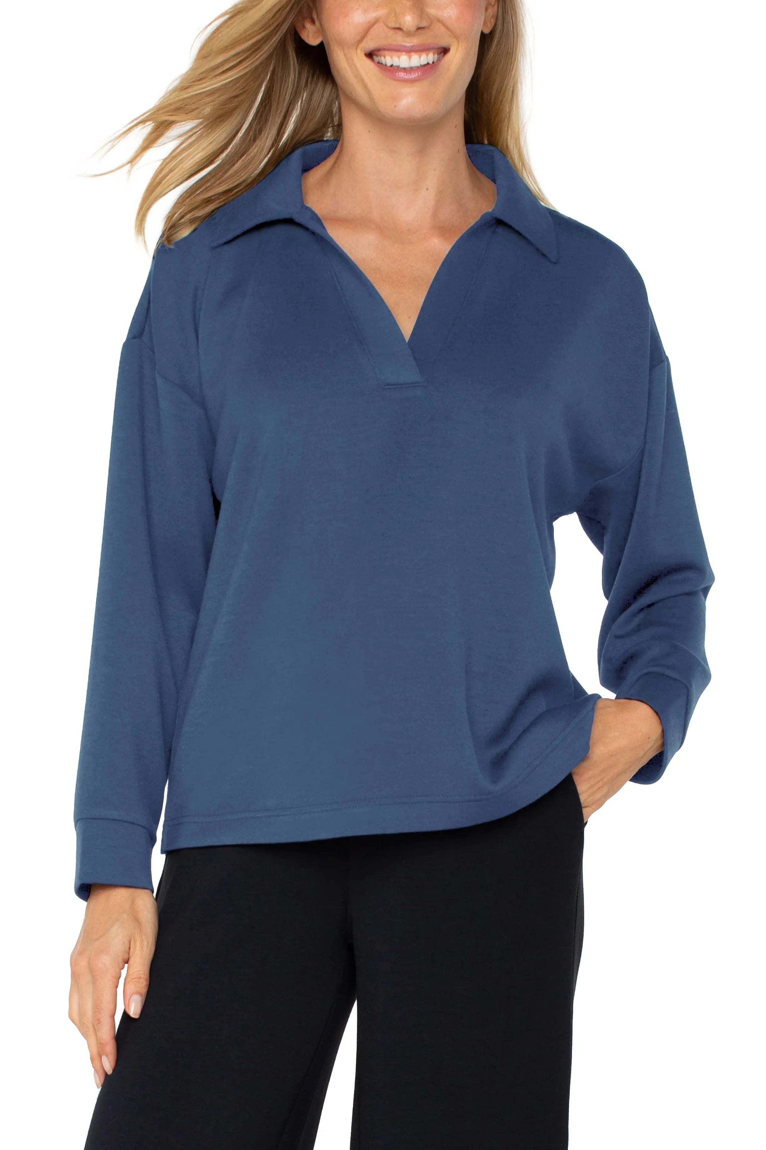Liverpool Los Angeles V-Neck Popover With Collar - Prussian Blue-Sweaters-Liverpool-Deja Nu Boutique, Women's Fashion Boutique in Lampasas, Texas