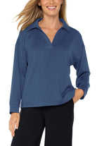 Liverpool Los Angeles V-Neck Popover With Collar - Prussian Blue-Sweaters-Liverpool-Deja Nu Boutique, Women's Fashion Boutique in Lampasas, Texas