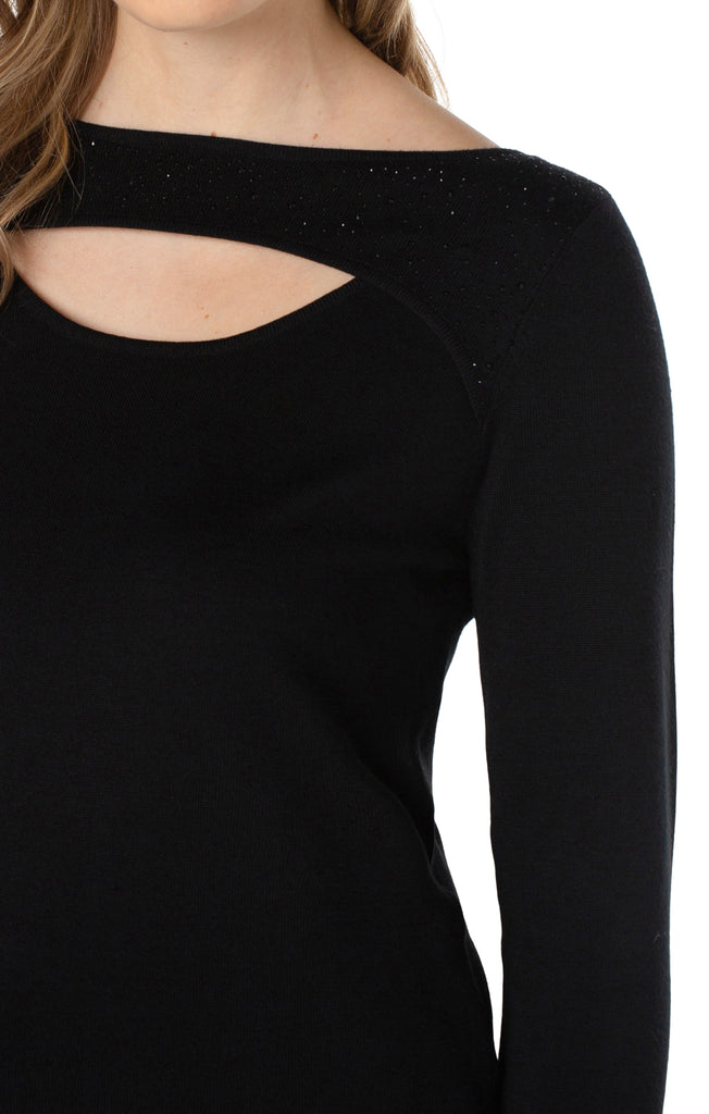 Liverpool Mid Sleeve Sweater With Rhinestones In Black-Tops-Liverpool-Deja Nu Boutique, Women's Fashion Boutique in Lampasas, Texas