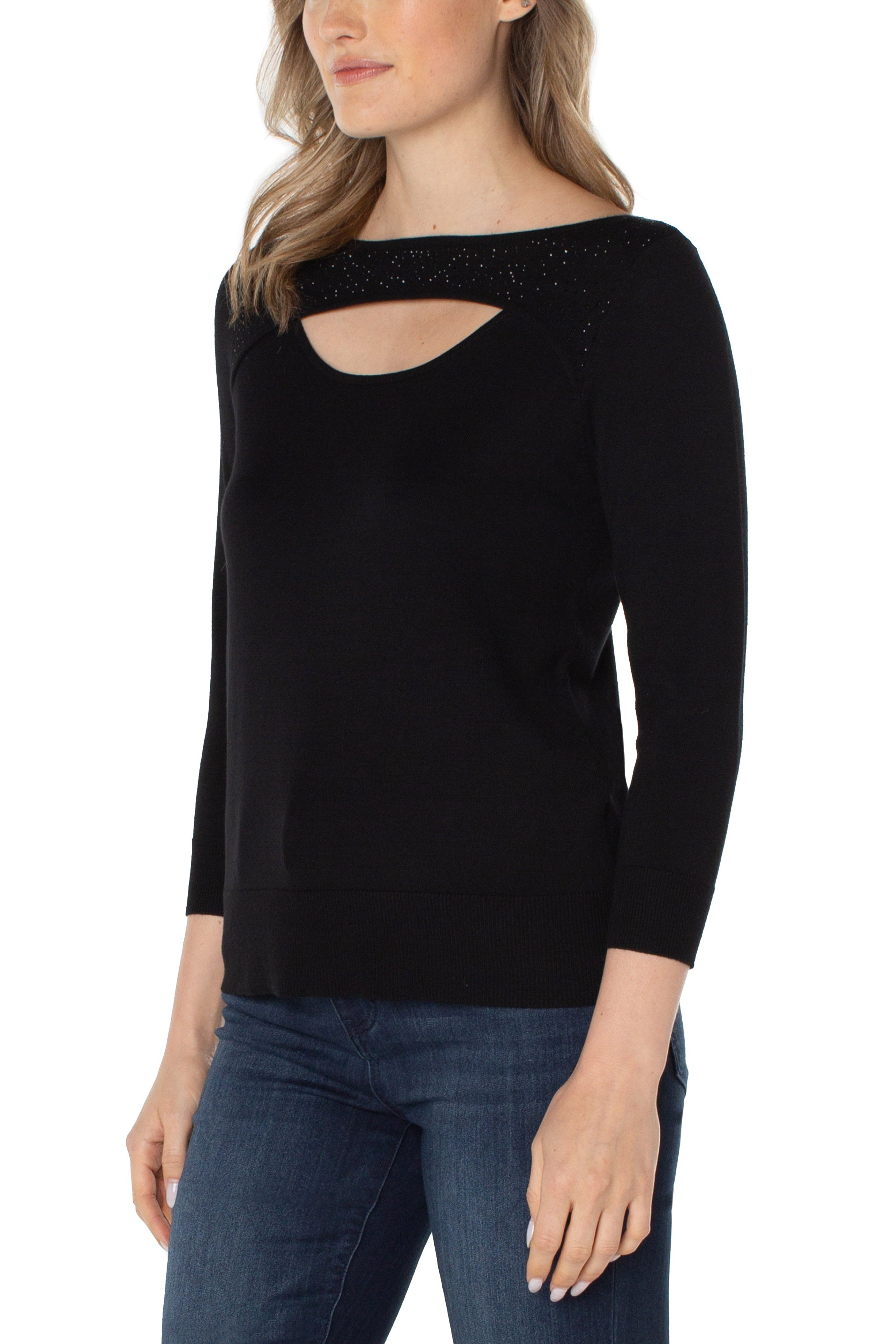 Liverpool Mid Sleeve Sweater With Rhinestones In Black-Tops-Liverpool-Deja Nu Boutique, Women's Fashion Boutique in Lampasas, Texas