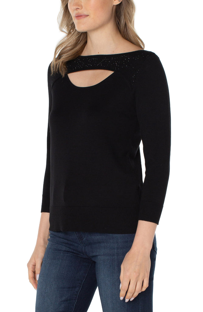 Liverpool Mid Sleeve Sweater With Rhinestones In Black-Tops-Liverpool-Deja Nu Boutique, Women's Fashion Boutique in Lampasas, Texas