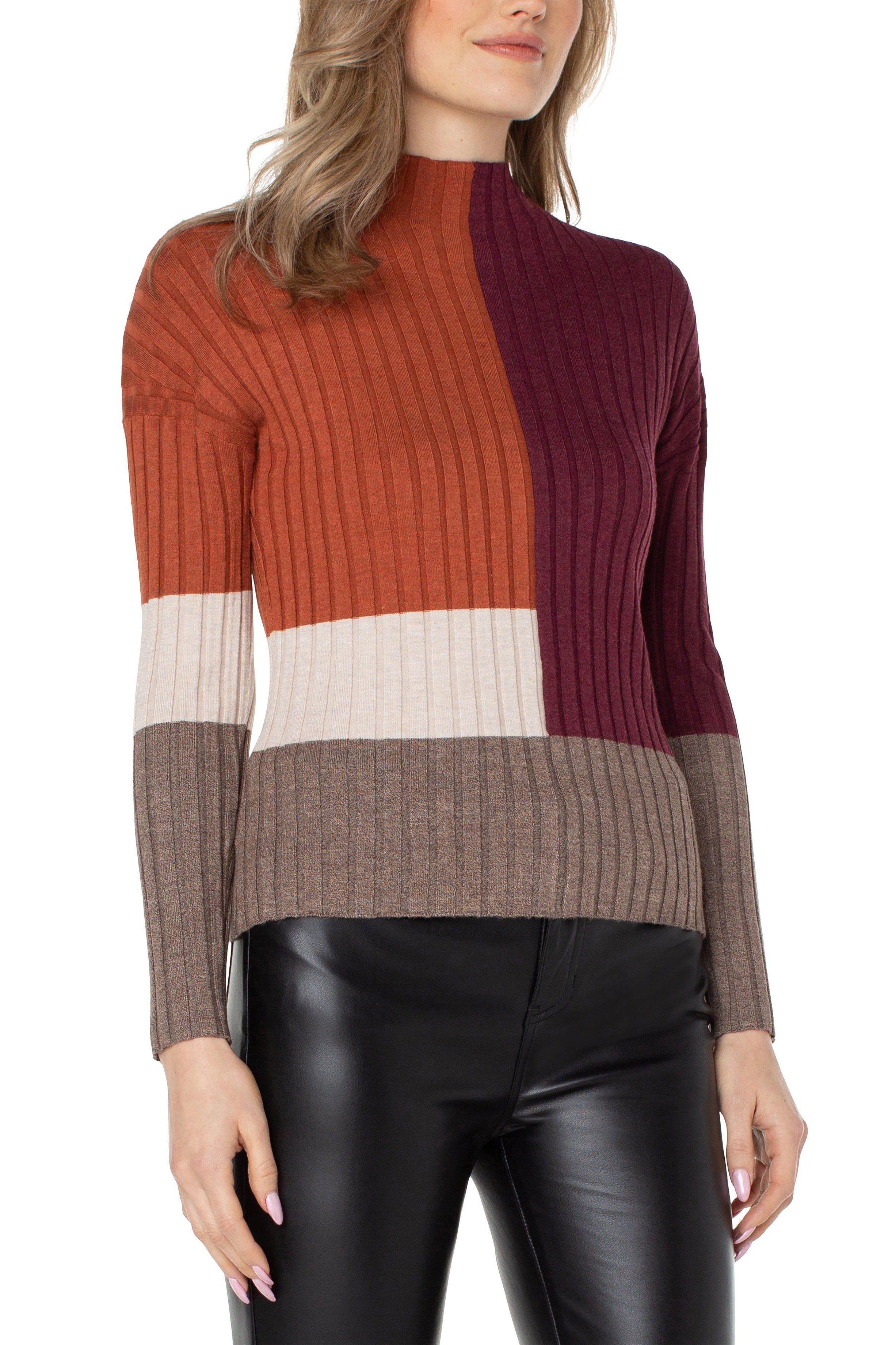 Liverpool Mock Neck Pullover Colorblock Rib Knit Sweater-Sweaters-Liverpool-Deja Nu Boutique, Women's Fashion Boutique in Lampasas, Texas