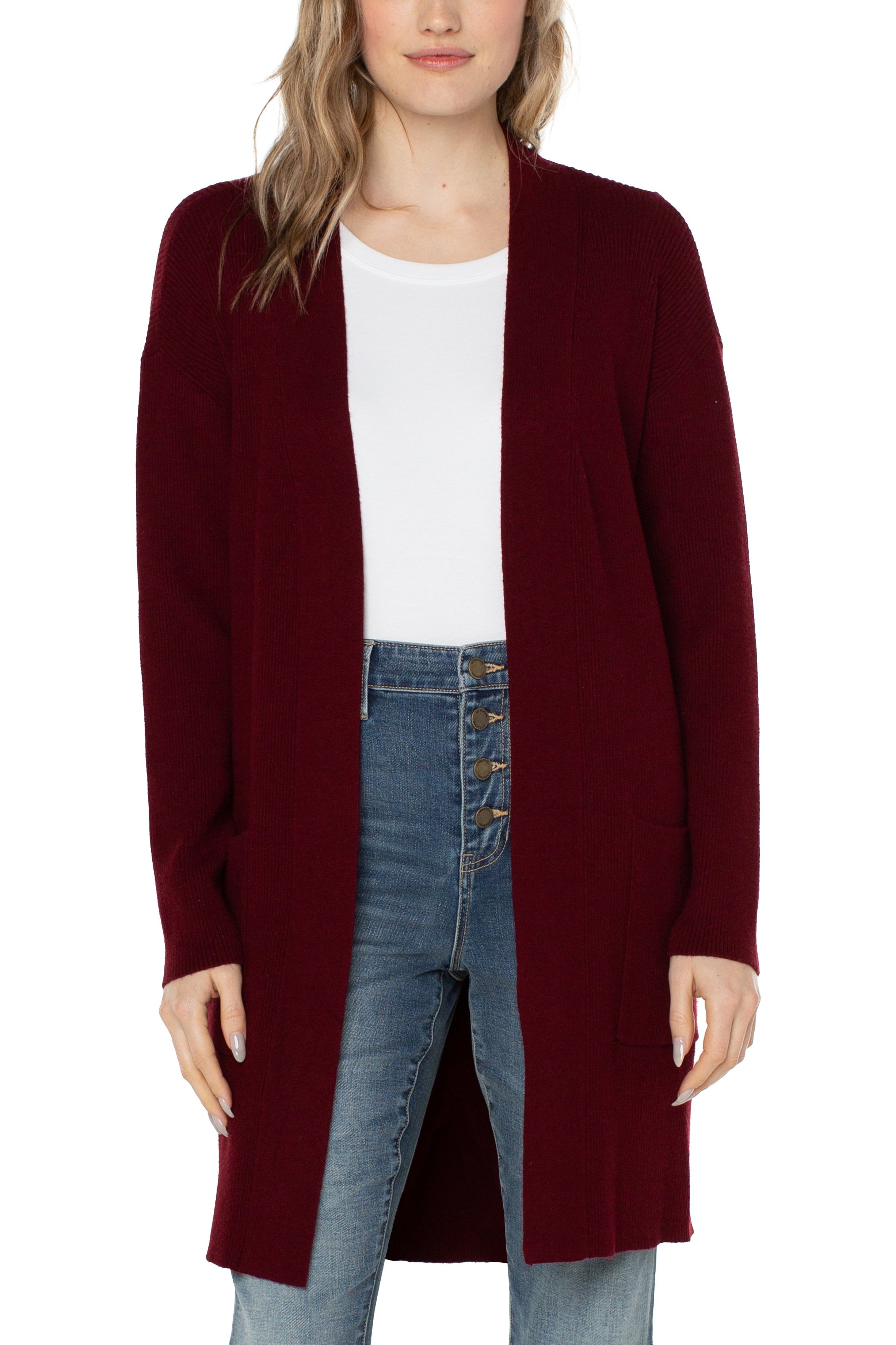 Liverpool Open Front Cardigan Sweater Deep Red Velvet-Cardigans & Kimonos-Liverpool-Deja Nu Boutique, Women's Fashion Boutique in Lampasas, Texas