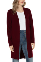 Liverpool Open Front Cardigan Sweater Deep Red Velvet-Cardigans & Kimonos-Liverpool-Deja Nu Boutique, Women's Fashion Boutique in Lampasas, Texas