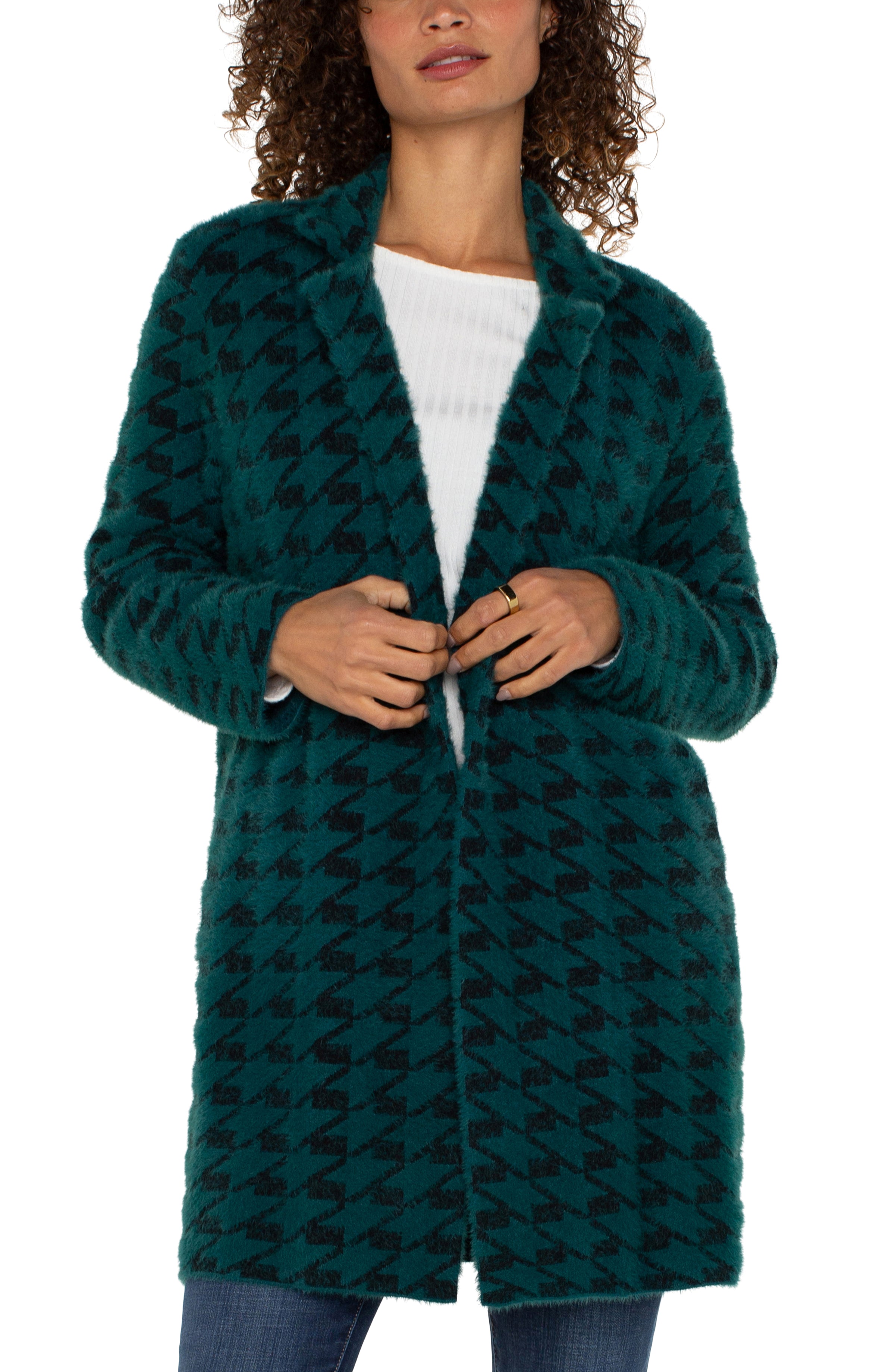 Liverpool Open Front Coatigan Sweater In Dark Forest Houndstooth-Coat-Liverpool-Deja Nu Boutique, Women's Fashion Boutique in Lampasas, Texas