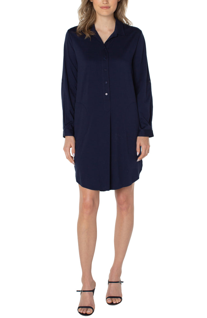 Liverpool Popover Shirt Dress In Cosmic Navy-Short Dresses-Liverpool-Deja Nu Boutique, Women's Fashion Boutique in Lampasas, Texas