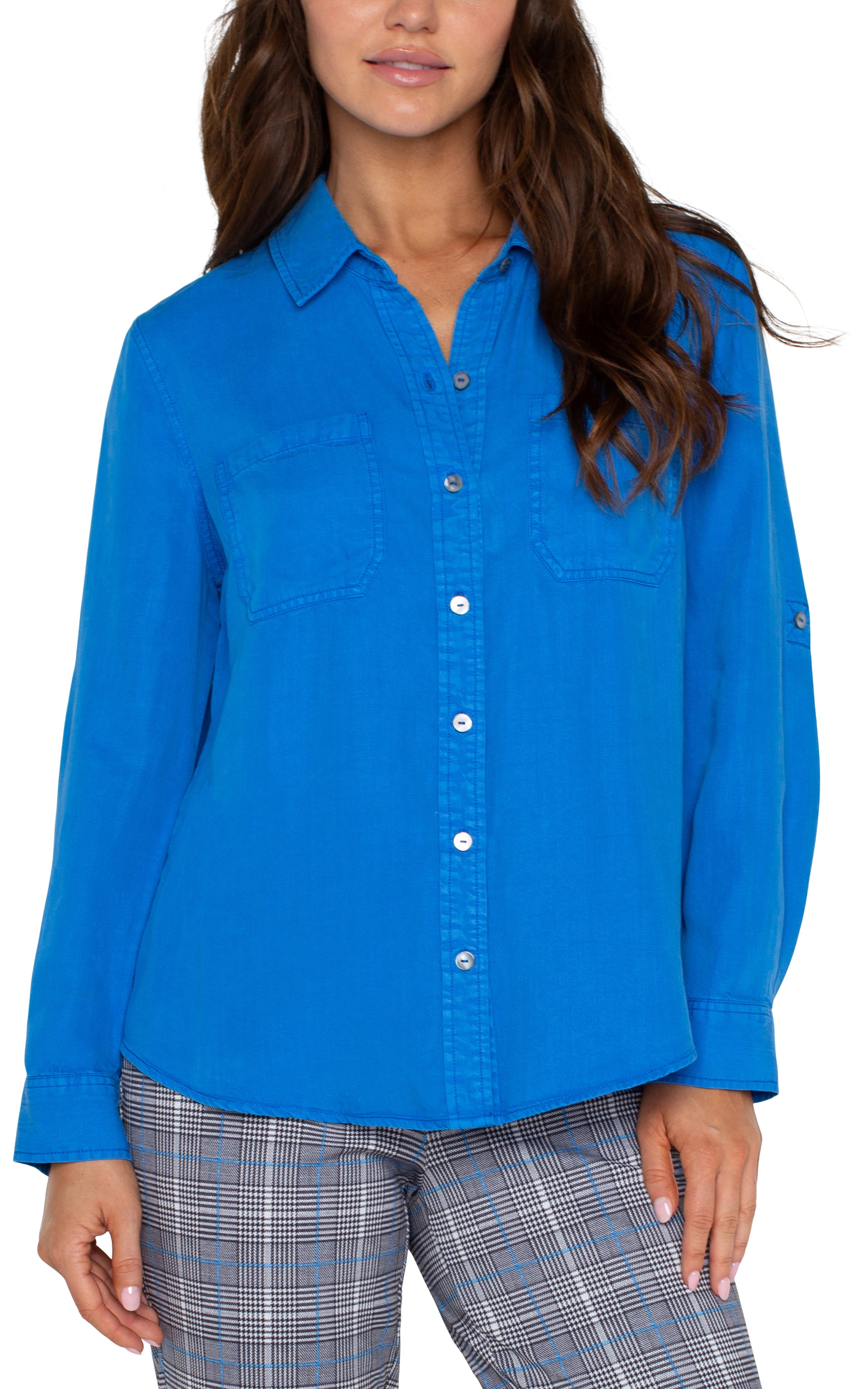 Liverpool Rolled Sleeve Button Down Shirt In Blue Topaz-shirts-Liverpool-Deja Nu Boutique, Women's Fashion Boutique in Lampasas, Texas