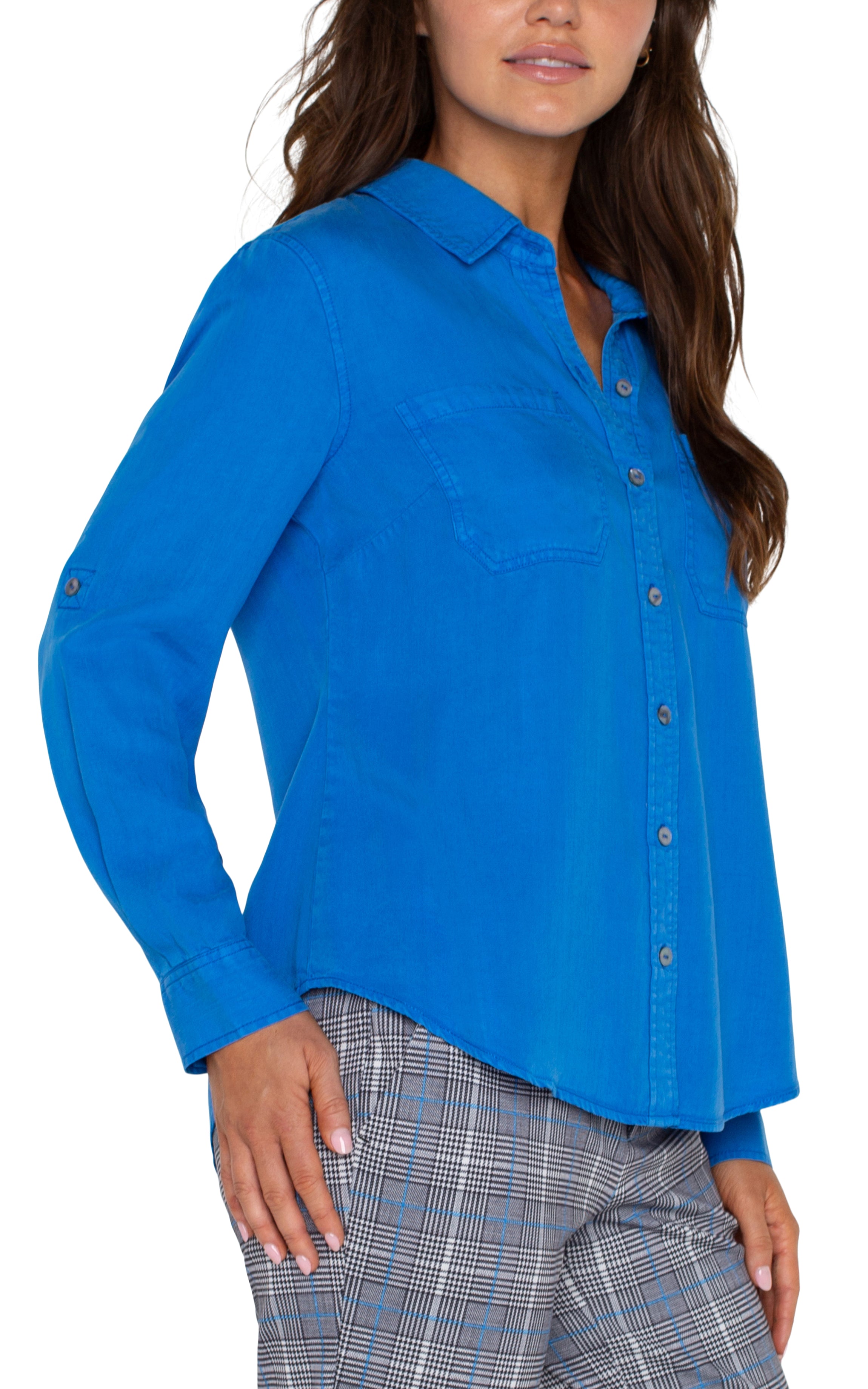 Liverpool Rolled Sleeve Button Down Shirt In Blue Topaz-shirts-Liverpool-Deja Nu Boutique, Women's Fashion Boutique in Lampasas, Texas