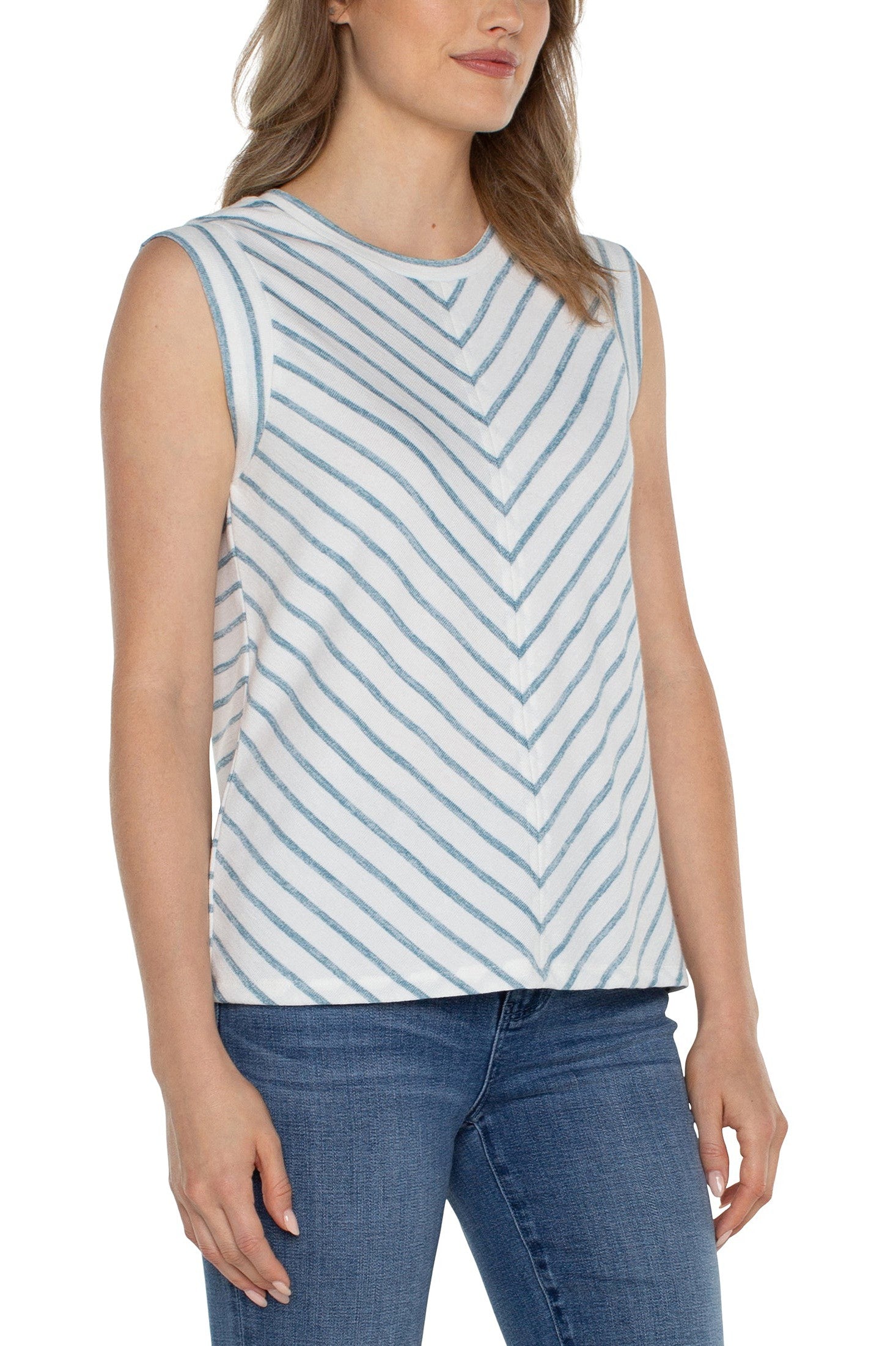 Liverpool Scoop Neck Modern Muscle Tee With Miter Front In Ocean Blue Stripe-Camis/Tanks-Liverpool-Deja Nu Boutique, Women's Fashion Boutique in Lampasas, Texas