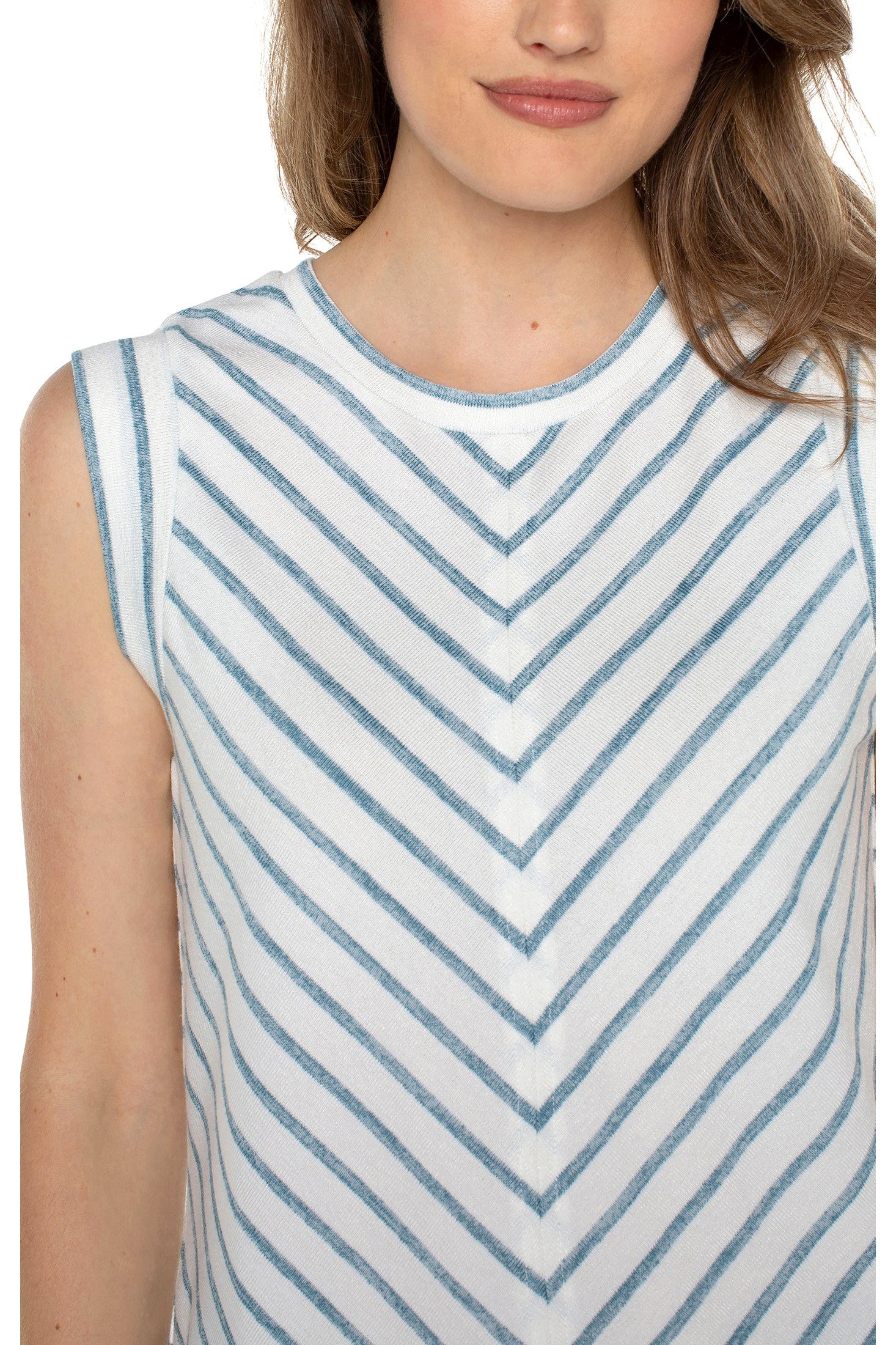 Liverpool Scoop Neck Modern Muscle Tee With Miter Front In Ocean Blue Stripe-Camis/Tanks-Liverpool-Deja Nu Boutique, Women's Fashion Boutique in Lampasas, Texas