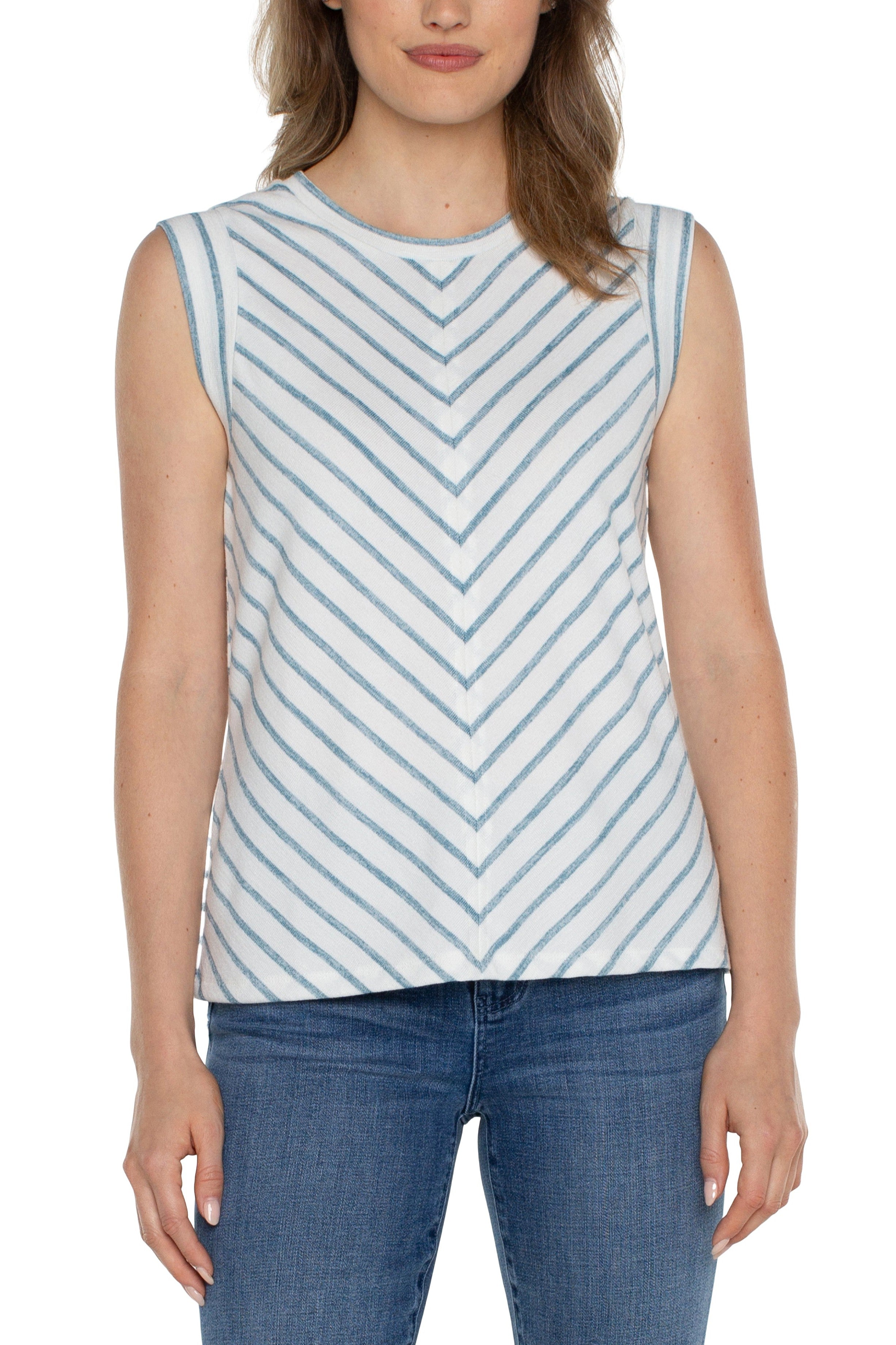 Liverpool Scoop Neck Modern Muscle Tee With Miter Front In Ocean Blue Stripe-Camis/Tanks-Liverpool-Deja Nu Boutique, Women's Fashion Boutique in Lampasas, Texas