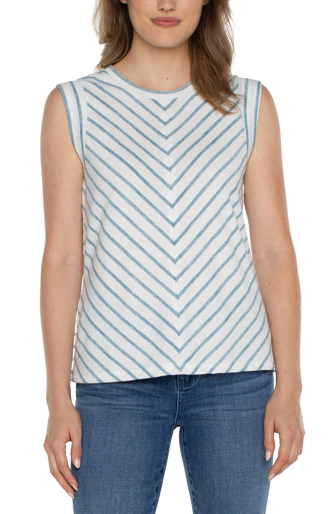 Liverpool Scoop Neck Modern Muscle Tee With Miter Front In Ocean Blue Stripe-Camis/Tanks-Liverpool-Deja Nu Boutique, Women's Fashion Boutique in Lampasas, Texas