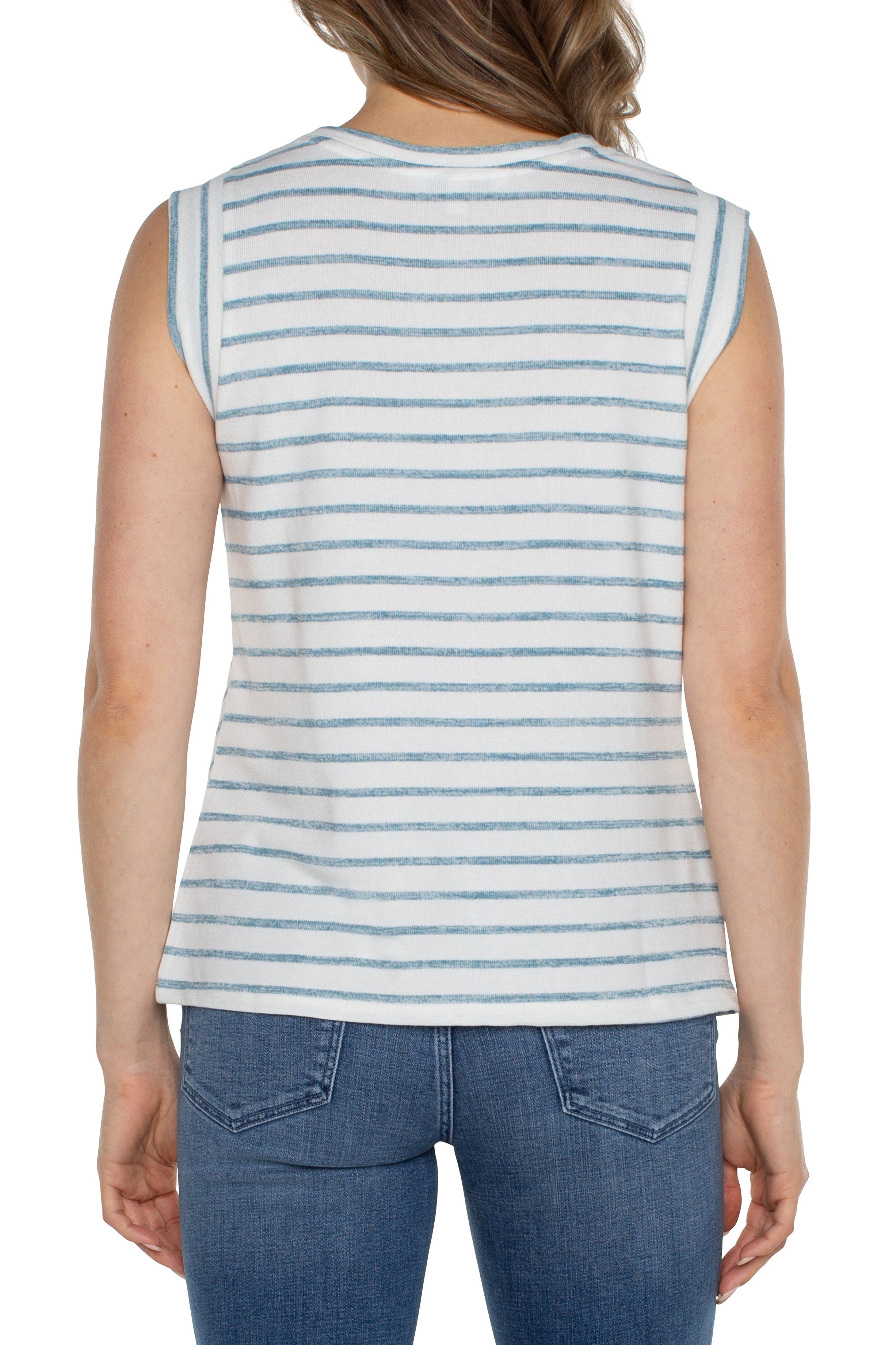 Liverpool Scoop Neck Modern Muscle Tee With Miter Front In Ocean Blue Stripe-Camis/Tanks-Liverpool-Deja Nu Boutique, Women's Fashion Boutique in Lampasas, Texas