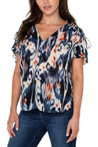 Liverpool Shirred V-Neck Dolman Top With Tie Details In Ikat Print-Tops-Liverpool-Deja Nu Boutique, Women's Fashion Boutique in Lampasas, Texas