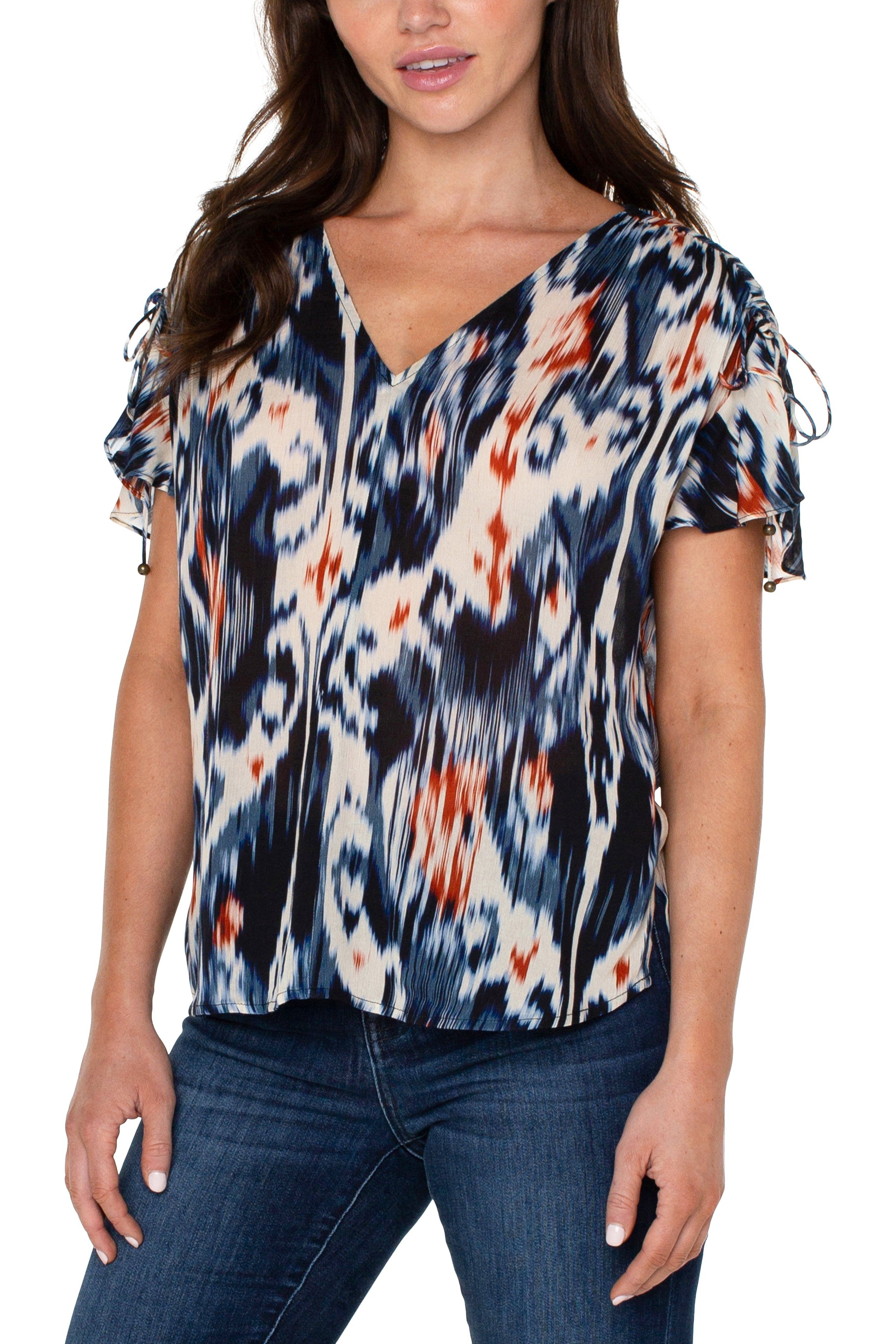 Liverpool Shirred V-Neck Dolman Top With Tie Details In Ikat Print-Tops-Liverpool-Deja Nu Boutique, Women's Fashion Boutique in Lampasas, Texas