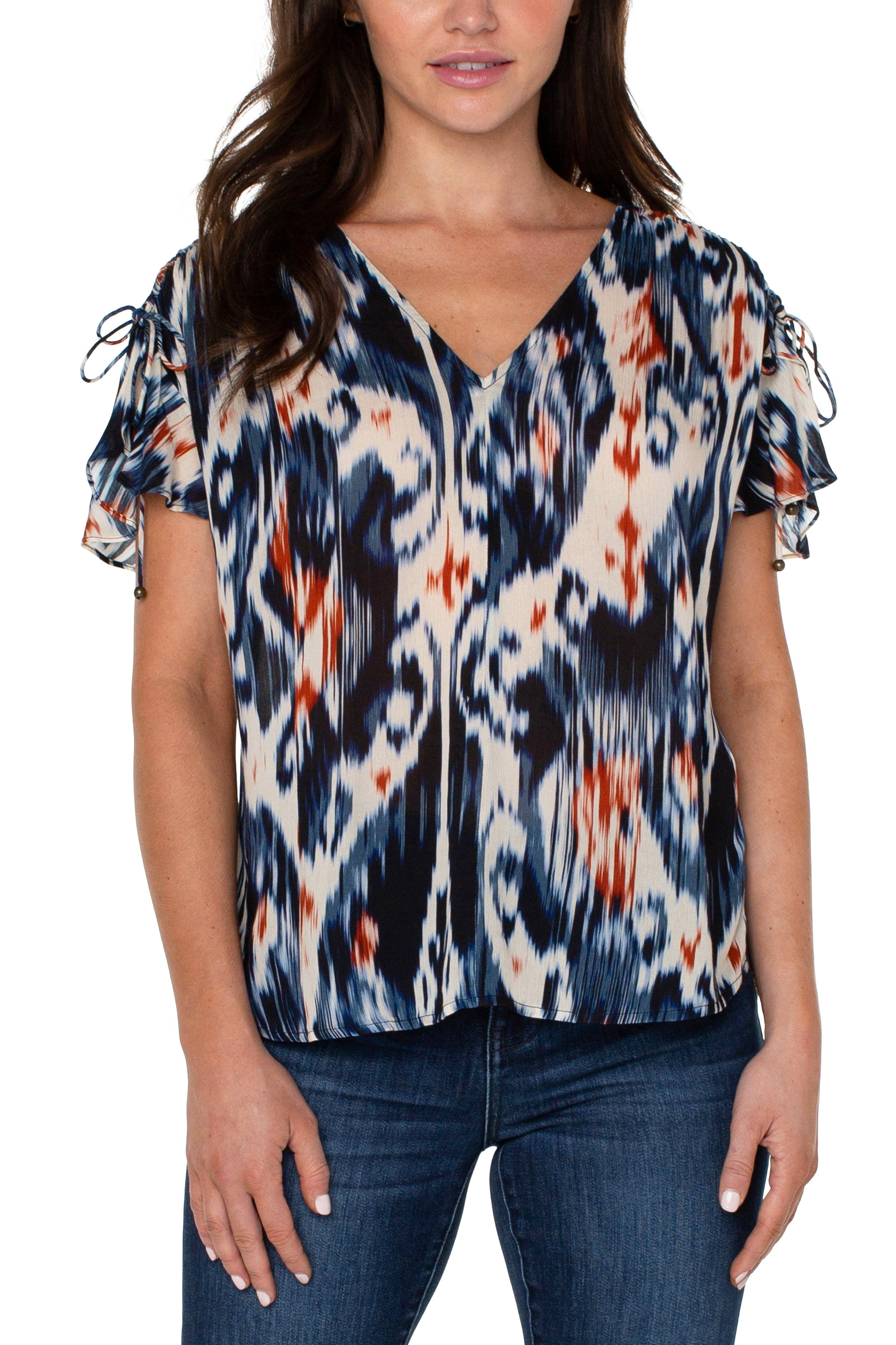 Liverpool Shirred V-Neck Dolman Top With Tie Details In Ikat Print-Tops-Liverpool-Deja Nu Boutique, Women's Fashion Boutique in Lampasas, Texas