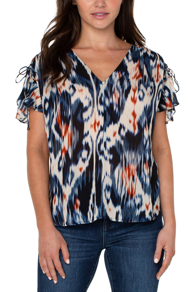 Liverpool Shirred V-Neck Dolman Top With Tie Details In Ikat Print-Tops-Liverpool-Deja Nu Boutique, Women's Fashion Boutique in Lampasas, Texas