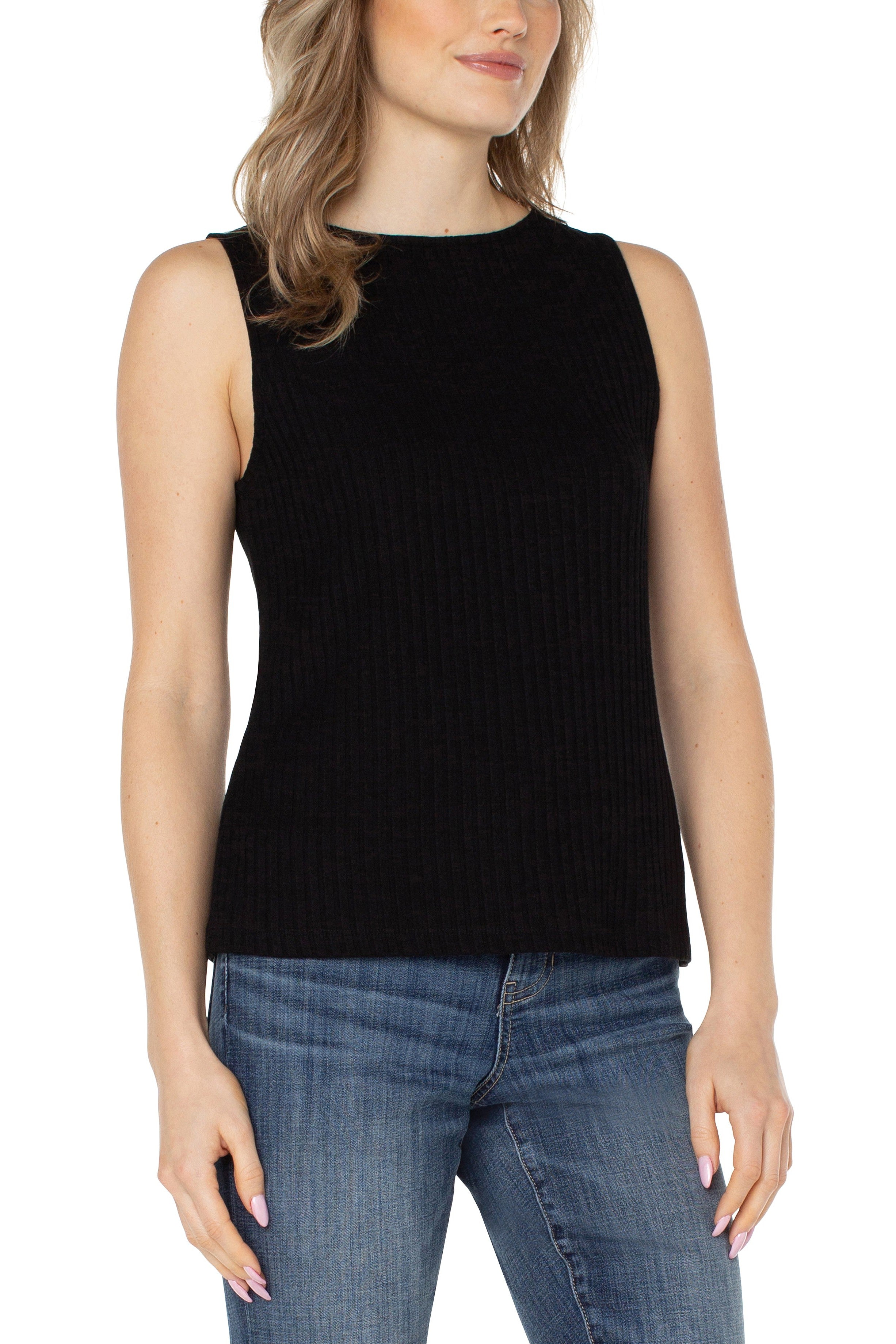 Liverpool Sleeveless Boat Neck Rib Knit Top In Black-Camis/Tanks-Liverpool-Deja Nu Boutique, Women's Fashion Boutique in Lampasas, Texas