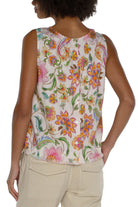 Liverpool Sleeveless Woven Top With Button Back And Frayed Hem In Pink Multi Floral-Tops-Liverpool-Deja Nu Boutique, Women's Fashion Boutique in Lampasas, Texas