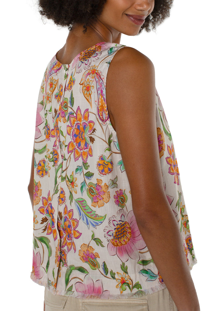 Liverpool Sleeveless Woven Top With Button Back And Frayed Hem In Pink Multi Floral-Tops-Liverpool-Deja Nu Boutique, Women's Fashion Boutique in Lampasas, Texas