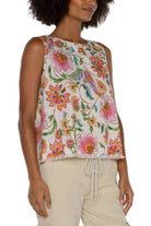 Liverpool Sleeveless Woven Top With Button Back And Frayed Hem In Pink Multi Floral-Tops-Liverpool-Deja Nu Boutique, Women's Fashion Boutique in Lampasas, Texas