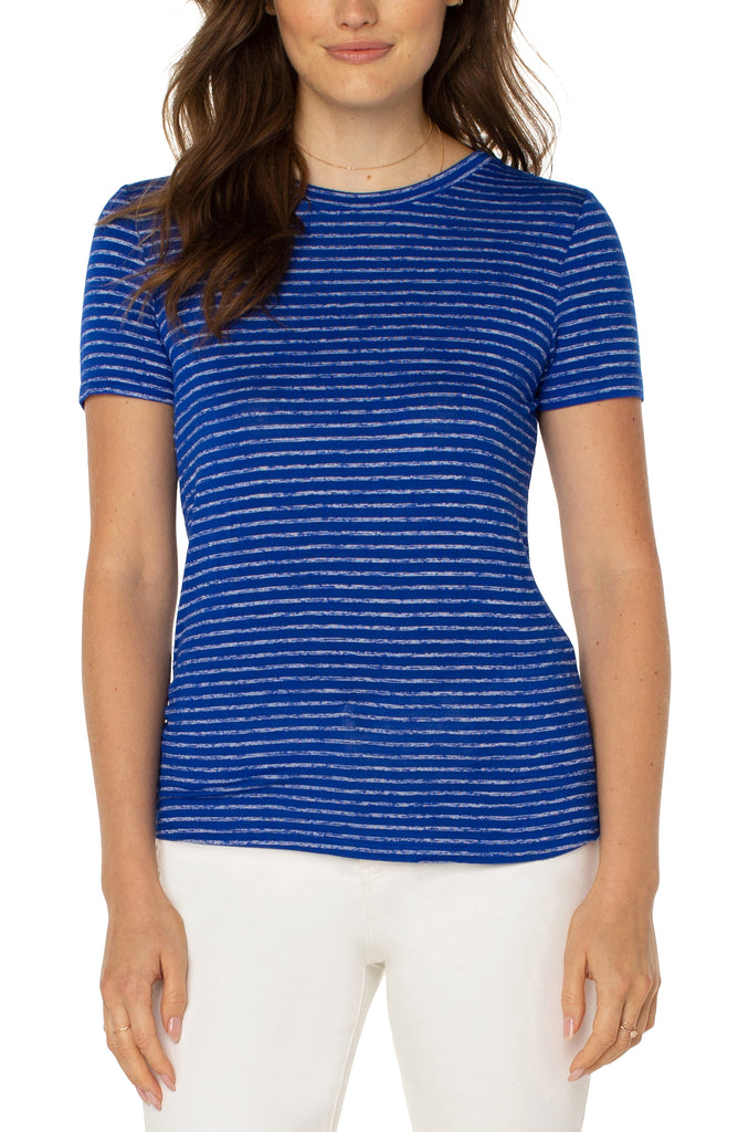 Liverpool Slim Fit Crew Neck Knit Tee In Bombshell Blue Stripe-Short Sleeves-Liverpool-Deja Nu Boutique, Women's Fashion Boutique in Lampasas, Texas
