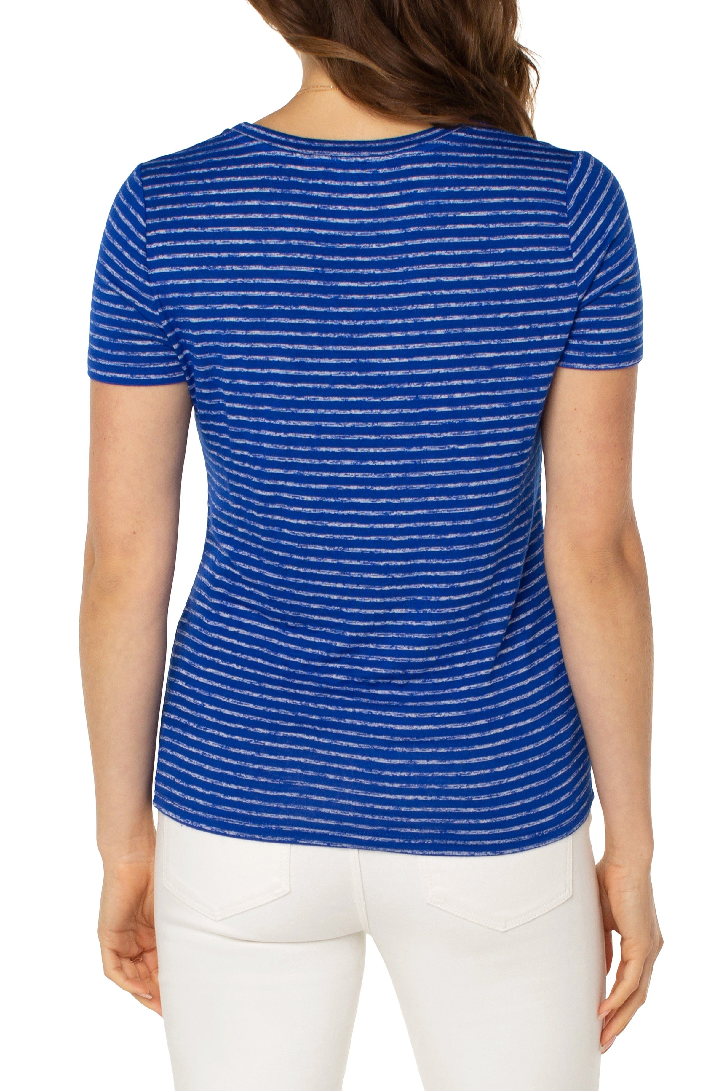 Liverpool Slim Fit Crew Neck Knit Tee In Bombshell Blue Stripe-Short Sleeves-Liverpool-Deja Nu Boutique, Women's Fashion Boutique in Lampasas, Texas