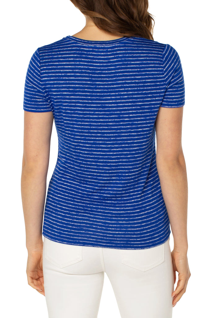 Liverpool Slim Fit Crew Neck Knit Tee In Bombshell Blue Stripe-Short Sleeves-Liverpool-Deja Nu Boutique, Women's Fashion Boutique in Lampasas, Texas