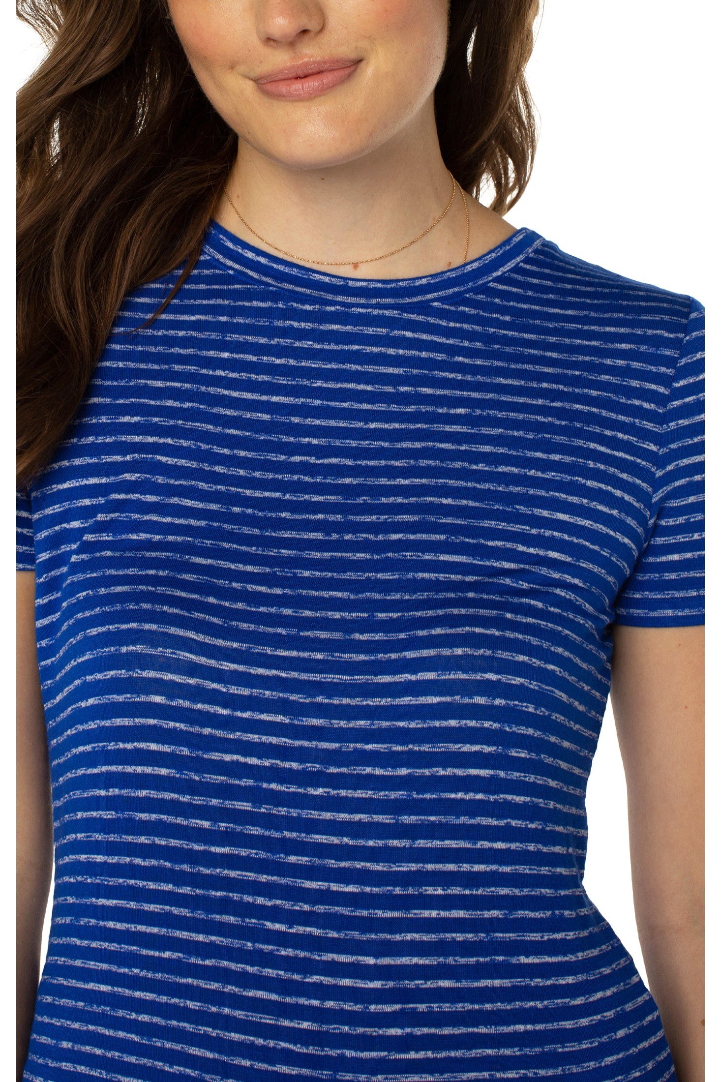 Liverpool Slim Fit Crew Neck Knit Tee In Bombshell Blue Stripe-Short Sleeves-Liverpool-Deja Nu Boutique, Women's Fashion Boutique in Lampasas, Texas