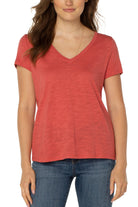 Liverpool Slim Fit V Neck Slub Knit Tee In Coral-Short Sleeves-Liverpool-Deja Nu Boutique, Women's Fashion Boutique in Lampasas, Texas