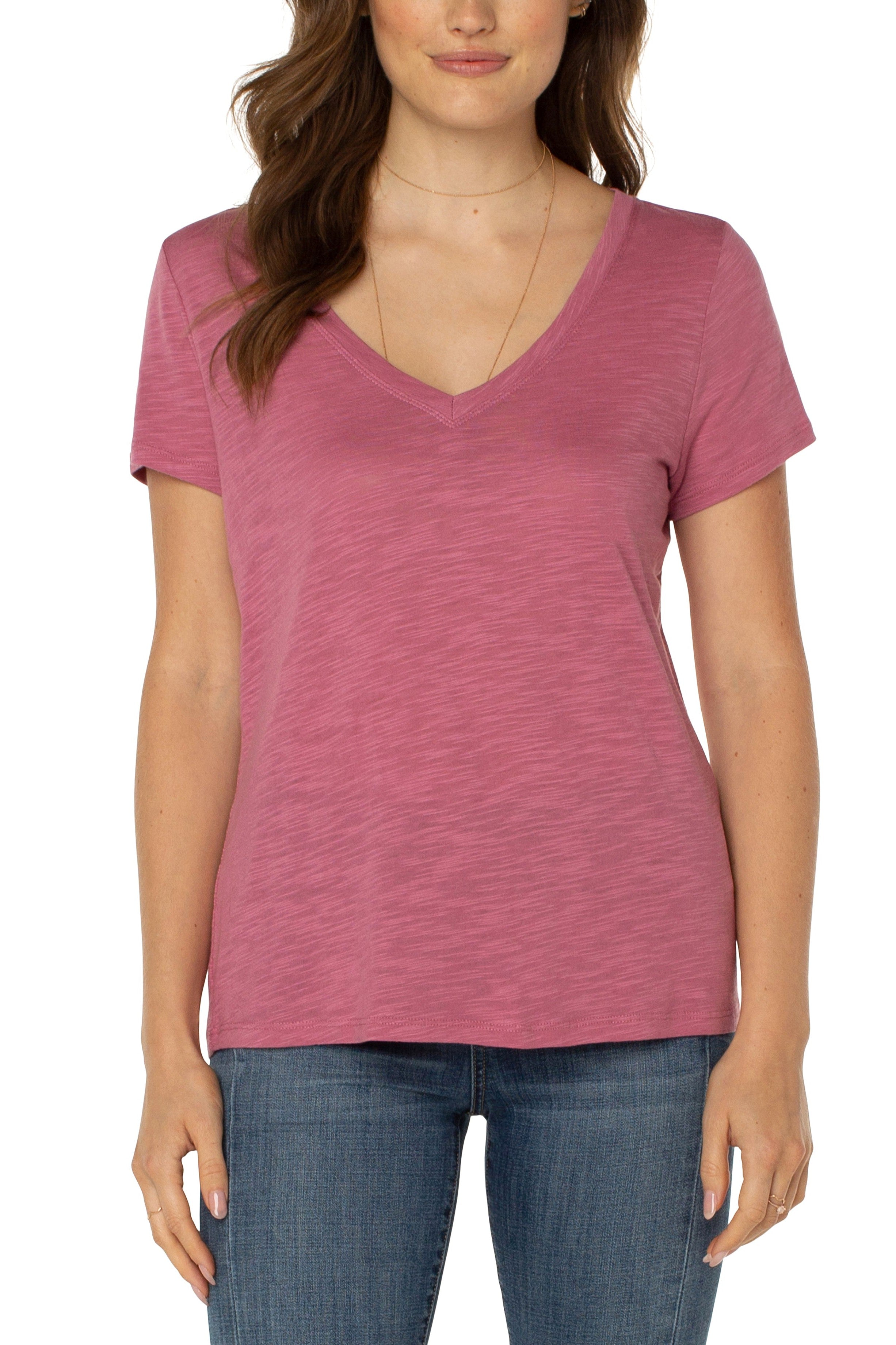 Liverpool Slim Fit V Neck Slub Knit Tee In Wild Rose-Short Sleeves-Liverpool-Deja Nu Boutique, Women's Fashion Boutique in Lampasas, Texas