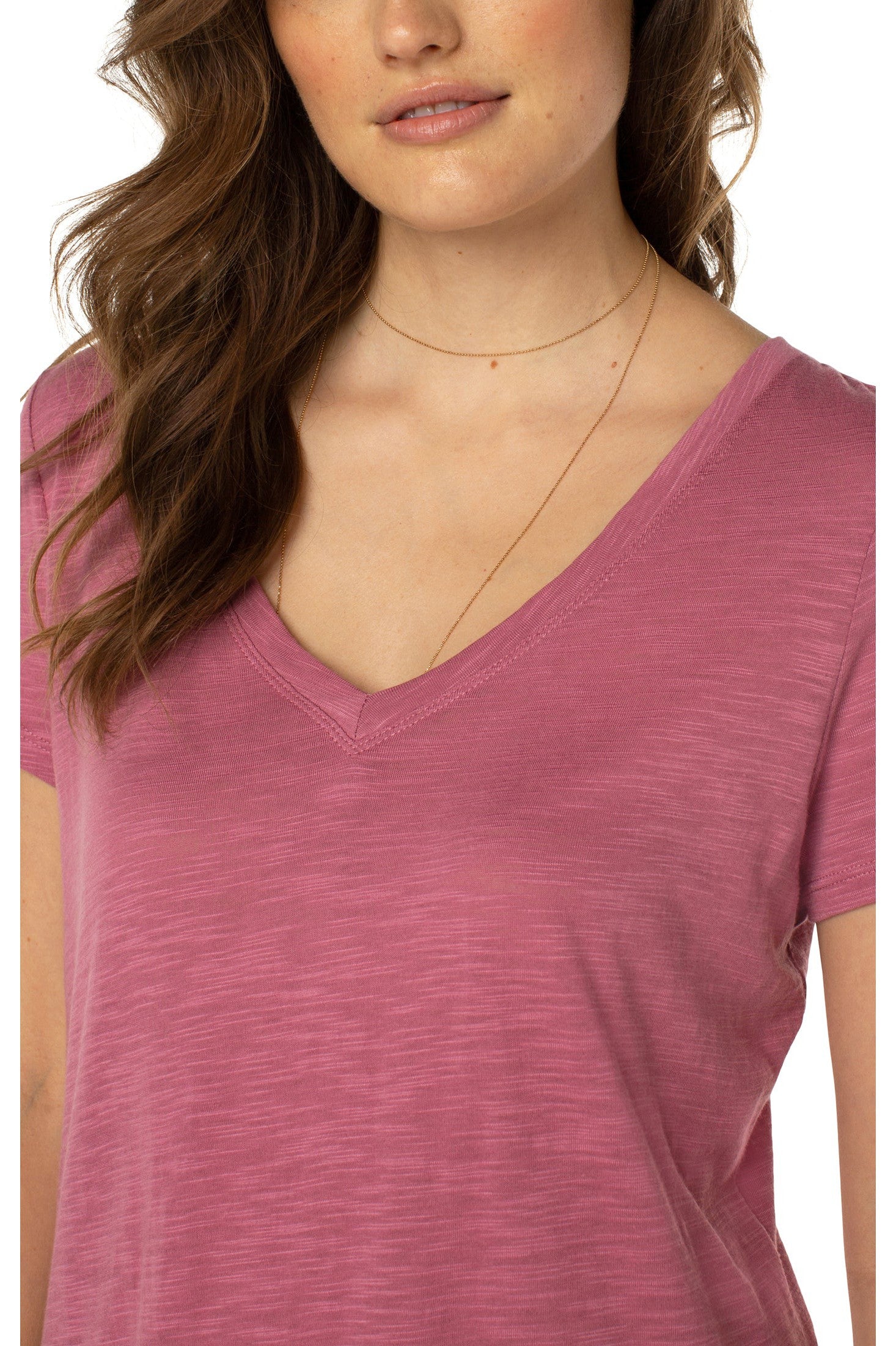 Liverpool Slim Fit V Neck Slub Knit Tee In Wild Rose-Short Sleeves-Liverpool-Deja Nu Boutique, Women's Fashion Boutique in Lampasas, Texas