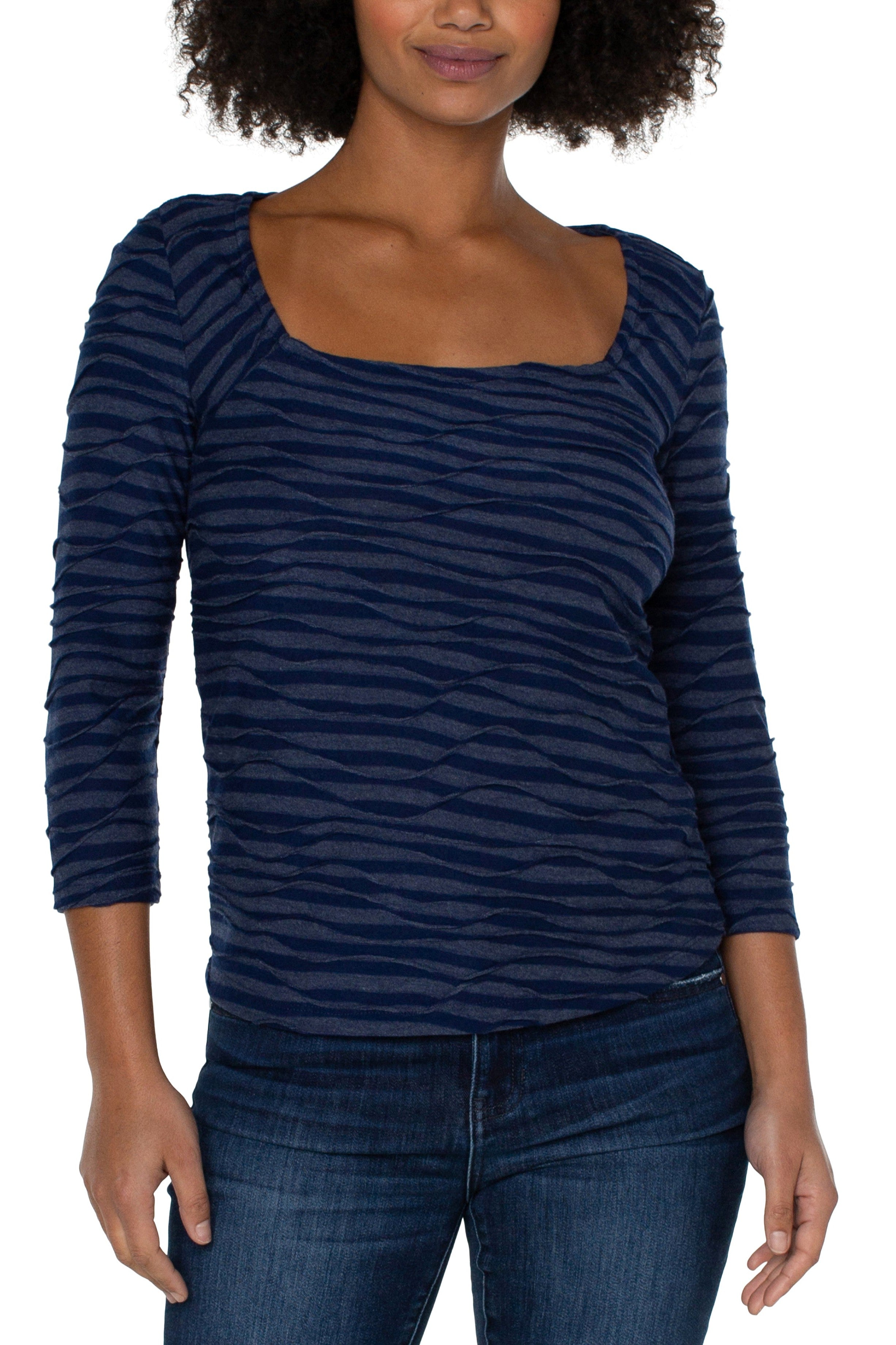 Liverpool Square Neck 3/4 Sleeve Knit Top In Navy Space Dye Stripe-Long Sleeves-Liverpool-Deja Nu Boutique, Women's Fashion Boutique in Lampasas, Texas