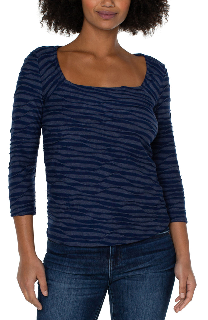 Liverpool Square Neck 3/4 Sleeve Knit Top In Navy Space Dye Stripe-Long Sleeves-Liverpool-Deja Nu Boutique, Women's Fashion Boutique in Lampasas, Texas