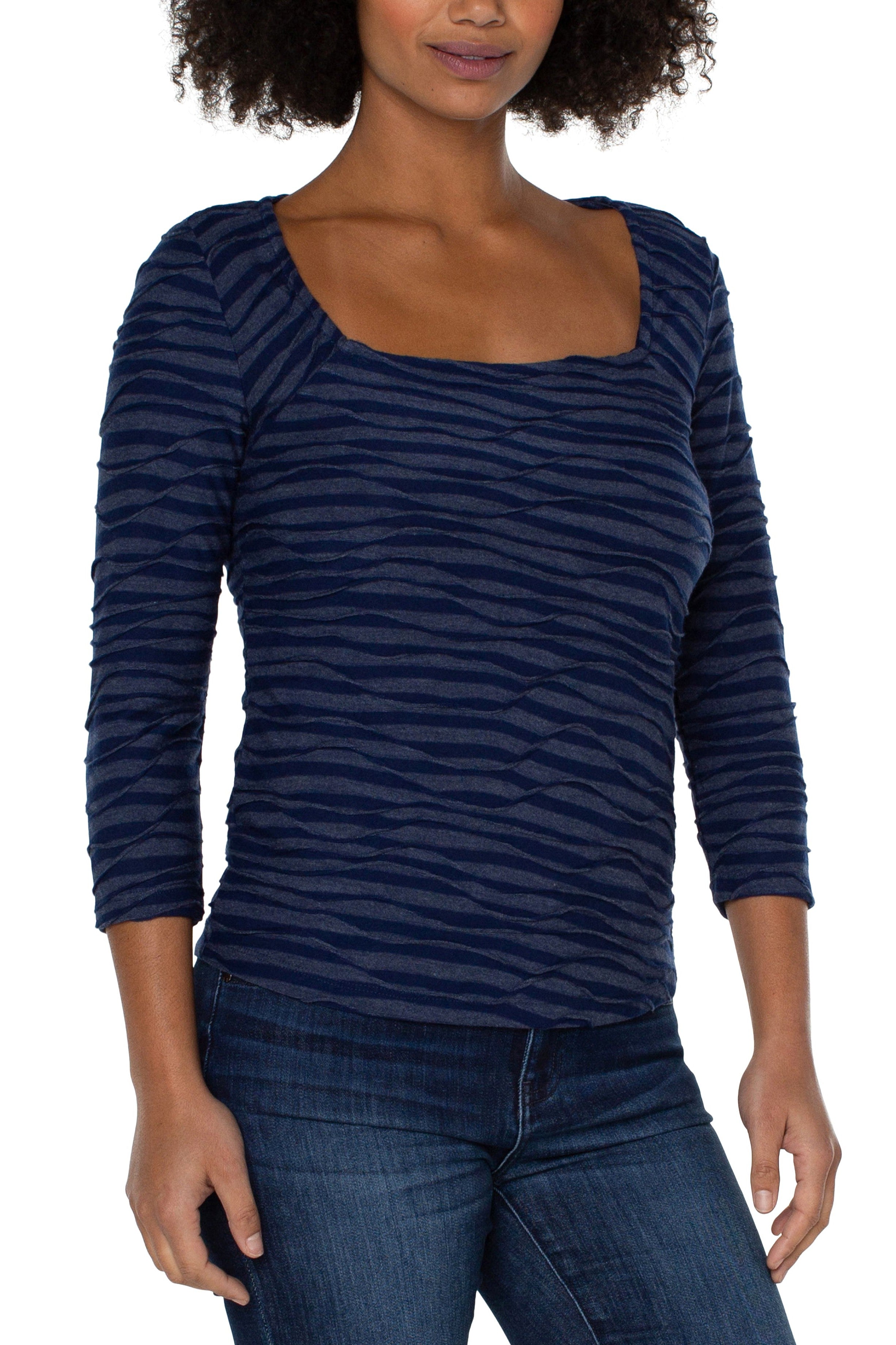 Liverpool Square Neck 3/4 Sleeve Knit Top In Navy Space Dye Stripe-Long Sleeves-Liverpool-Deja Nu Boutique, Women's Fashion Boutique in Lampasas, Texas