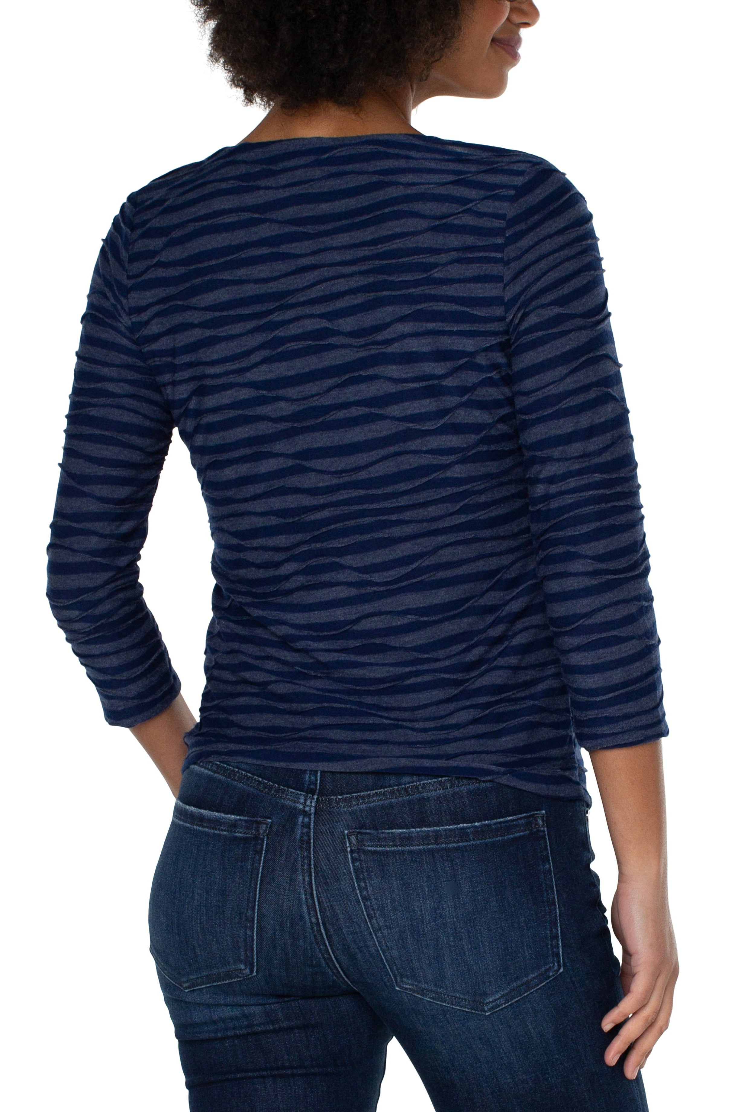 Liverpool Square Neck 3/4 Sleeve Knit Top In Navy Space Dye Stripe-Long Sleeves-Liverpool-Deja Nu Boutique, Women's Fashion Boutique in Lampasas, Texas