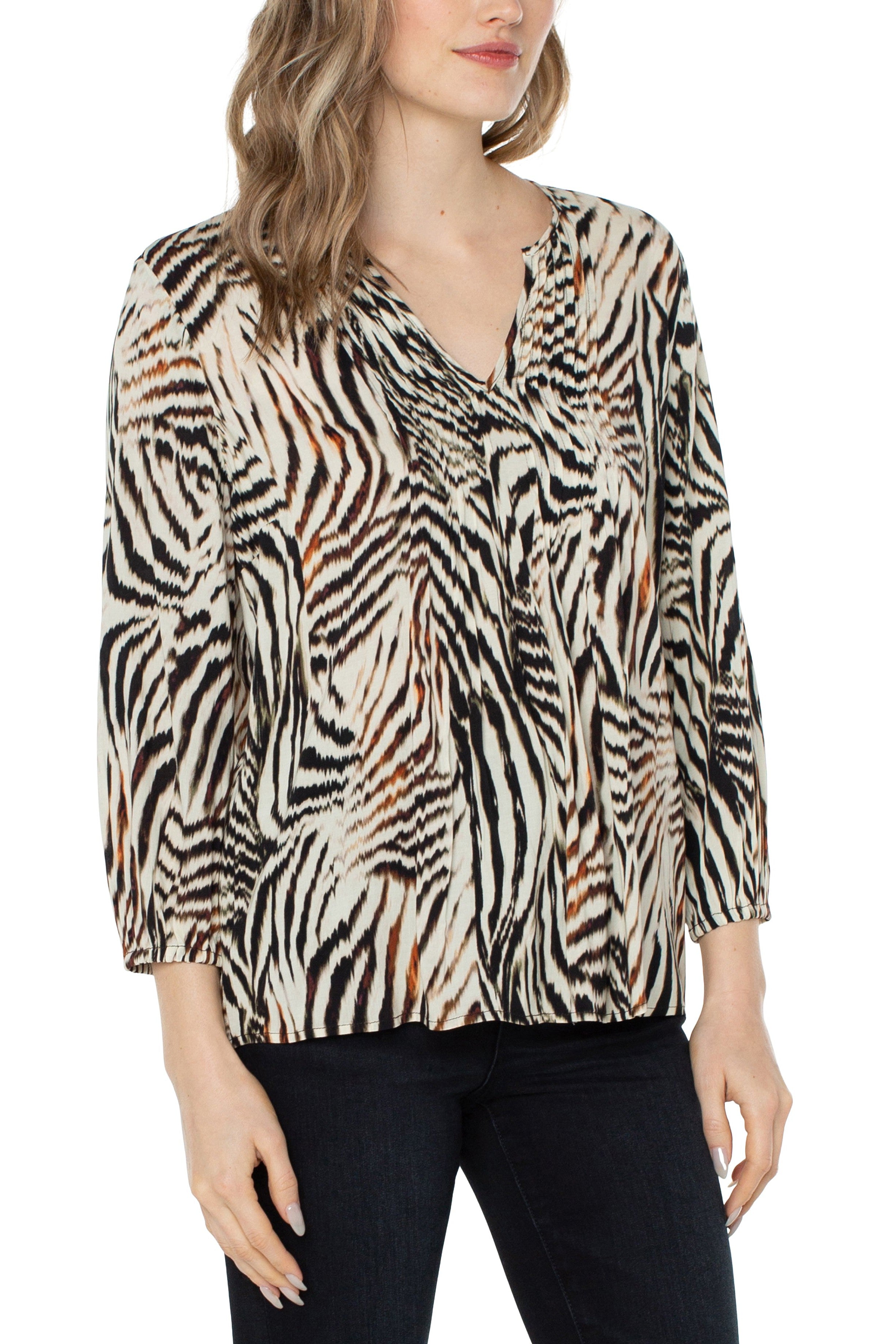 Liverpool Three Fourths Sleeve Peasant Top With Pin Tucks In Animal Print-Tops-Liverpool-Deja Nu Boutique, Women's Fashion Boutique in Lampasas, Texas