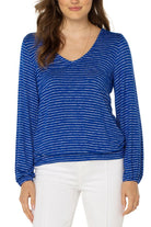 Liverpool Twist Back Long Sleeve Sweater In Bombshell Blue Stripe-Sweaters-Liverpool-Deja Nu Boutique, Women's Fashion Boutique in Lampasas, Texas