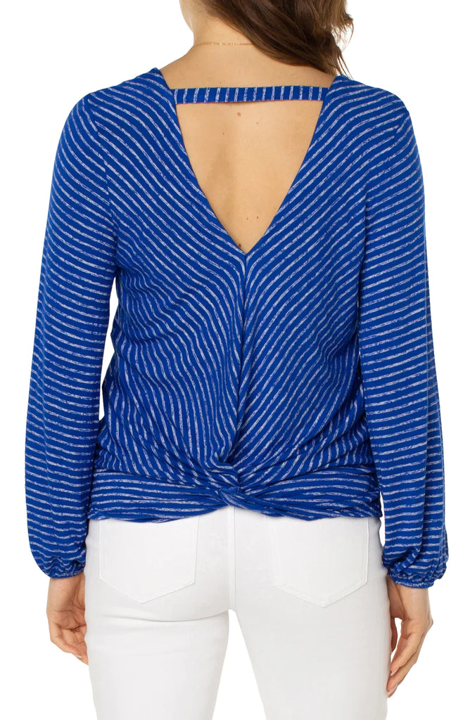 Liverpool Twist Back Long Sleeve Sweater In Bombshell Blue Stripe-Sweaters-Liverpool-Deja Nu Boutique, Women's Fashion Boutique in Lampasas, Texas