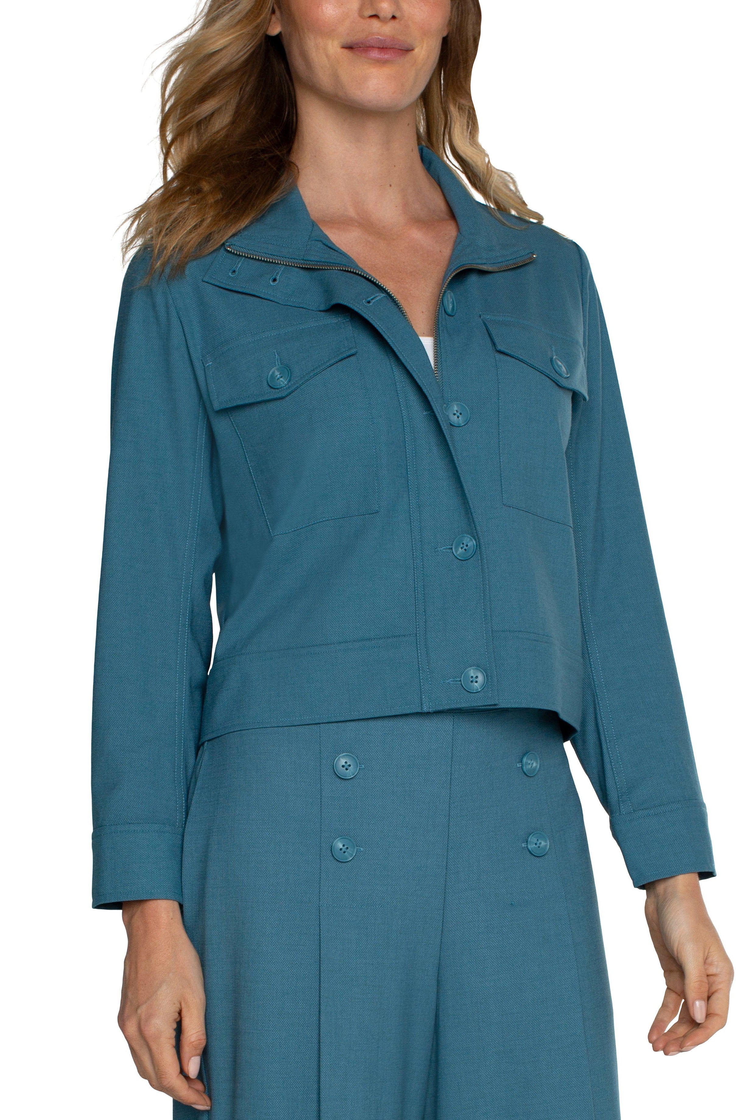 Liverpool Utility Crop Jacket In Ocean Blue-Jackets-Liverpool-Deja Nu Boutique, Women's Fashion Boutique in Lampasas, Texas