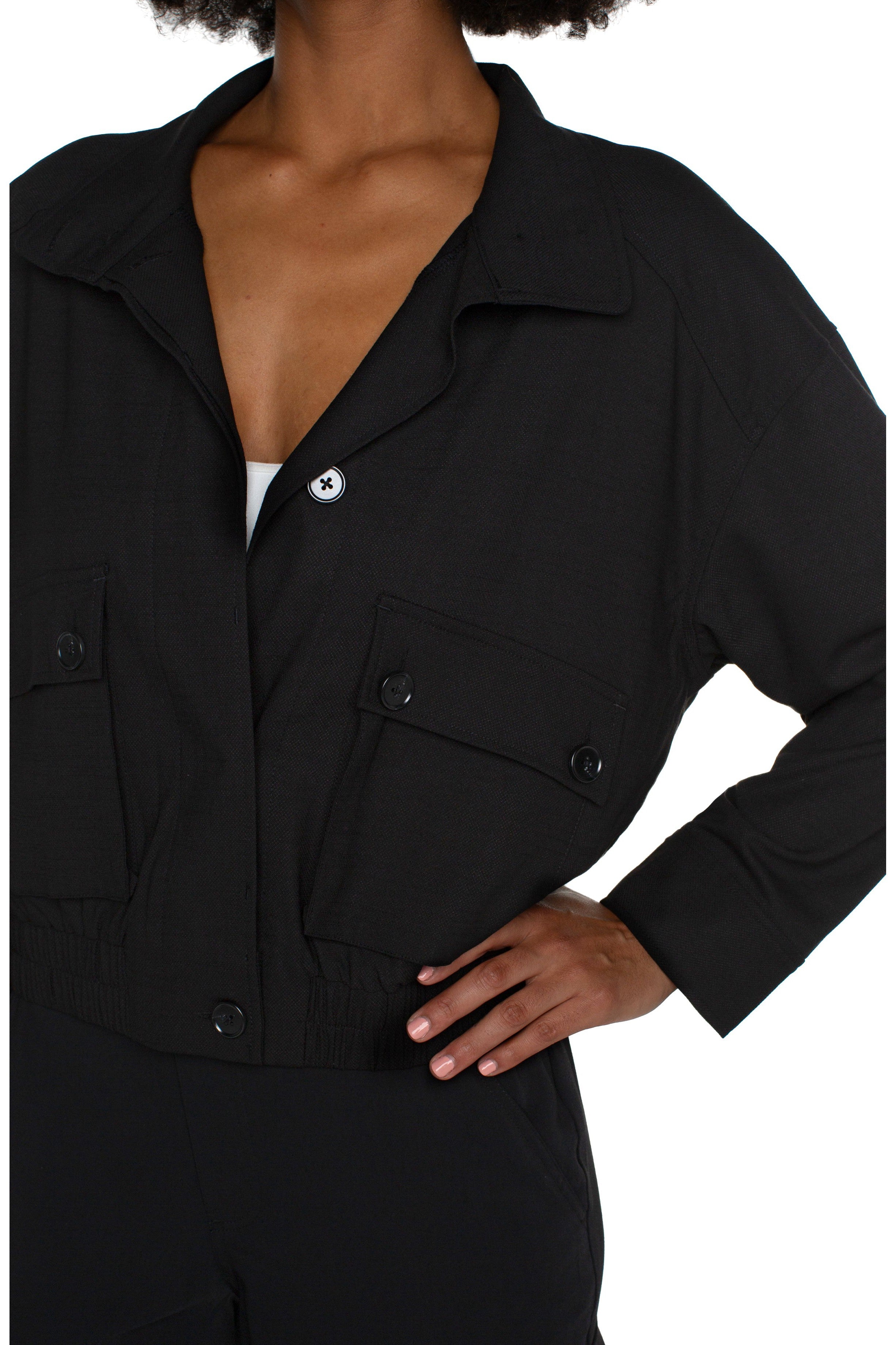 Liverpool Utility Jacket With Cinch Hem In Black-Jackets-Liverpool-Deja Nu Boutique, Women's Fashion Boutique in Lampasas, Texas