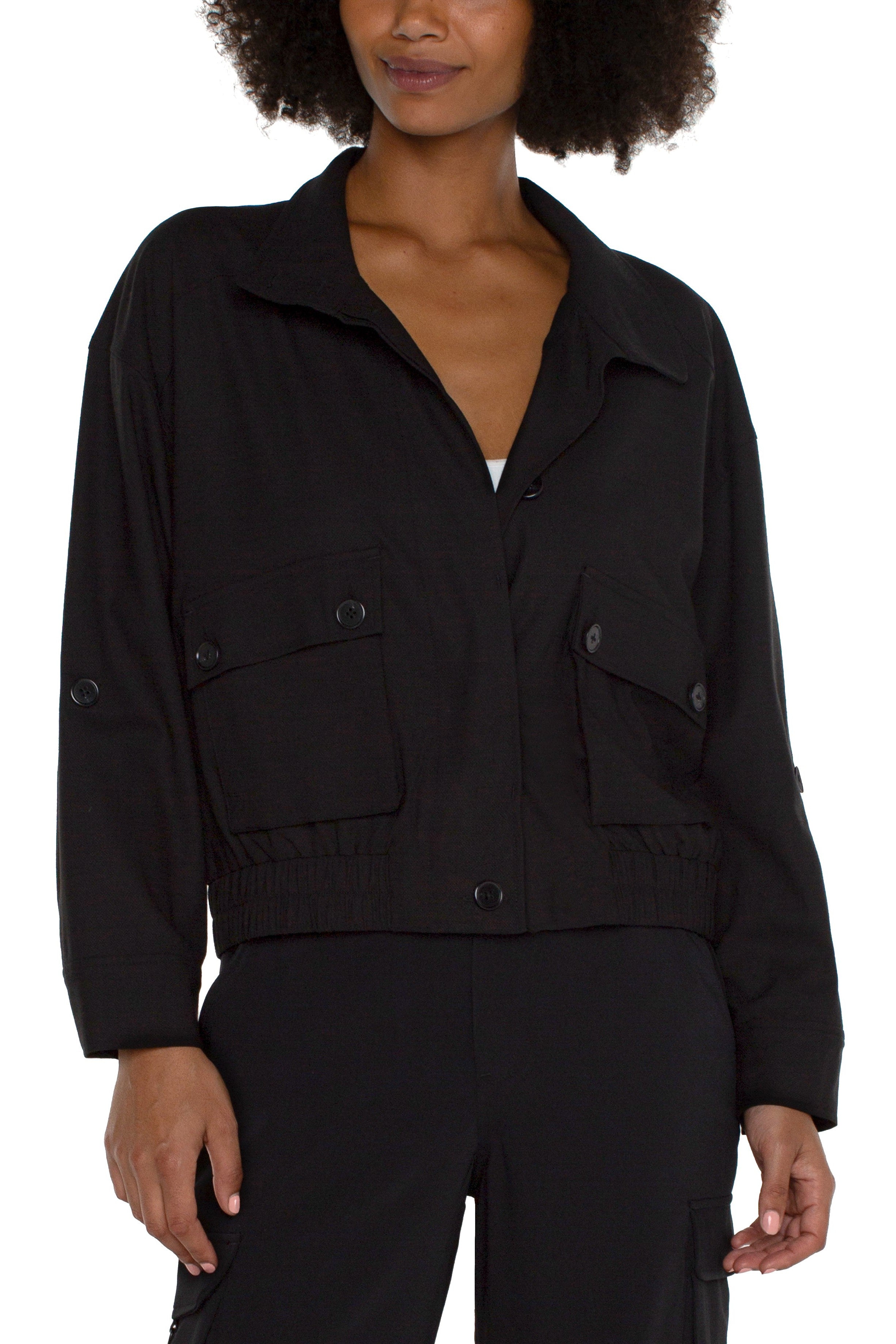 Liverpool Utility Jacket With Cinch Hem In Black-Jackets-Liverpool-Deja Nu Boutique, Women's Fashion Boutique in Lampasas, Texas